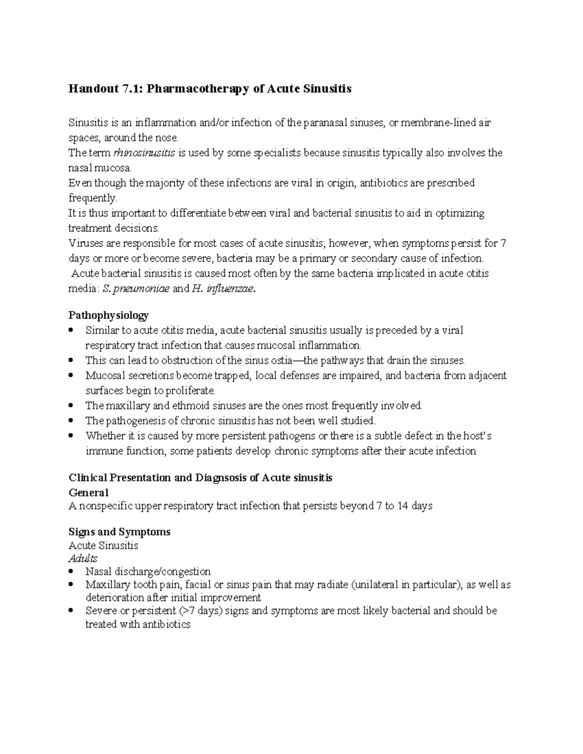 Handout 7.1 -Pharmacotherapy of Acute Sinusitis - Handout 7 ...