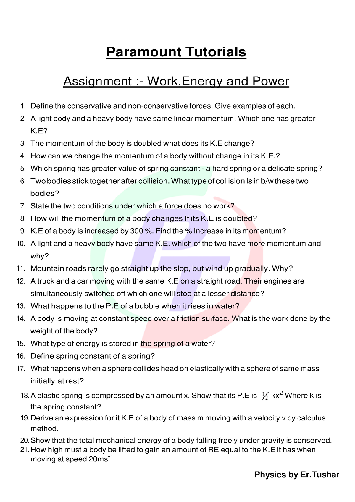 work and energy assignment