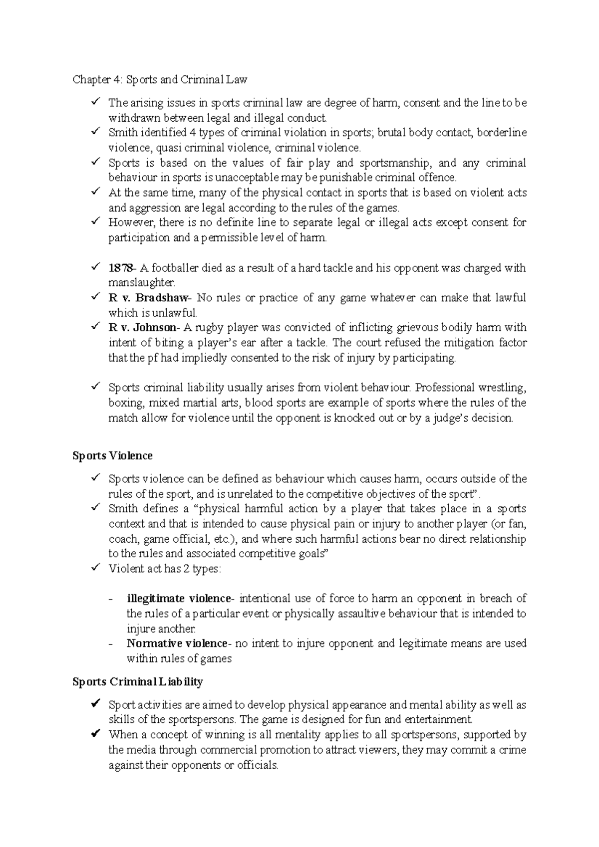 Sports for finals - Chapter 4: Sports and Criminal Law The arising ...