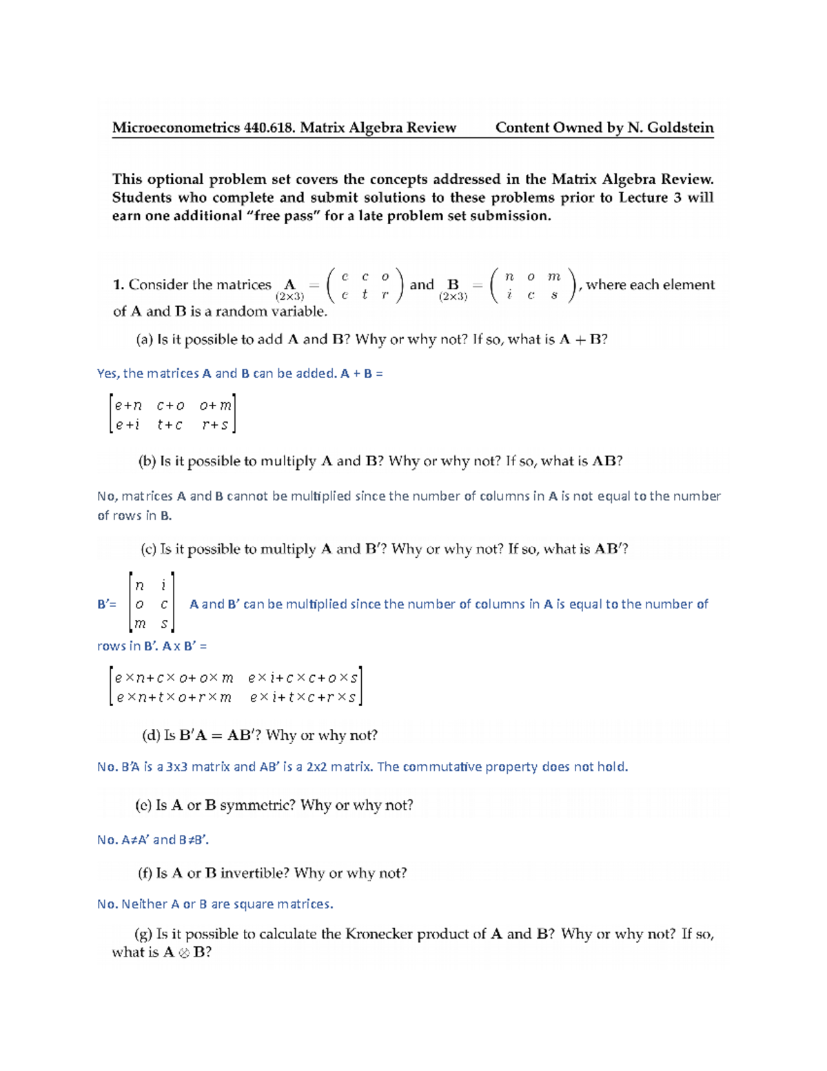 Problem Set 0 Matrix Algebra - Yes, the matrices A and B can be added ...