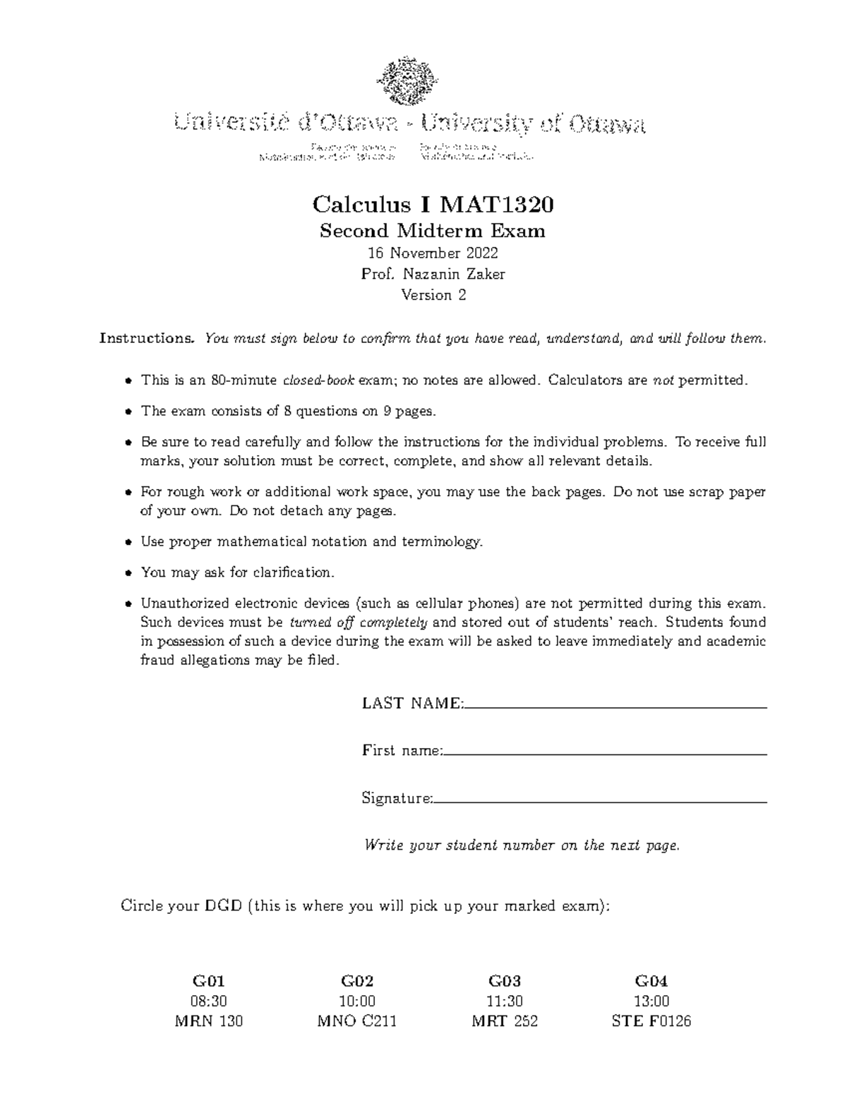 MAT 1320G-Midterm 2 Solutions-Version#2 - Calculus I MAT Second Midterm ...