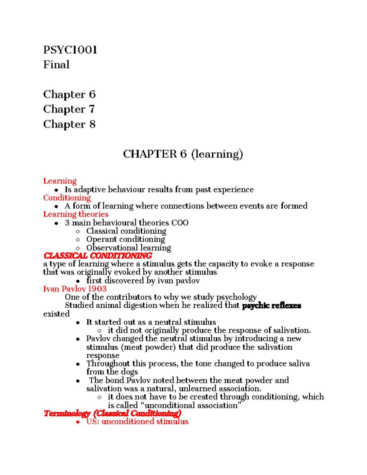 PSYC1001 - Midterm Practice - PSYC Final Chapter 6 Chapter 7 Chapter 8 ...