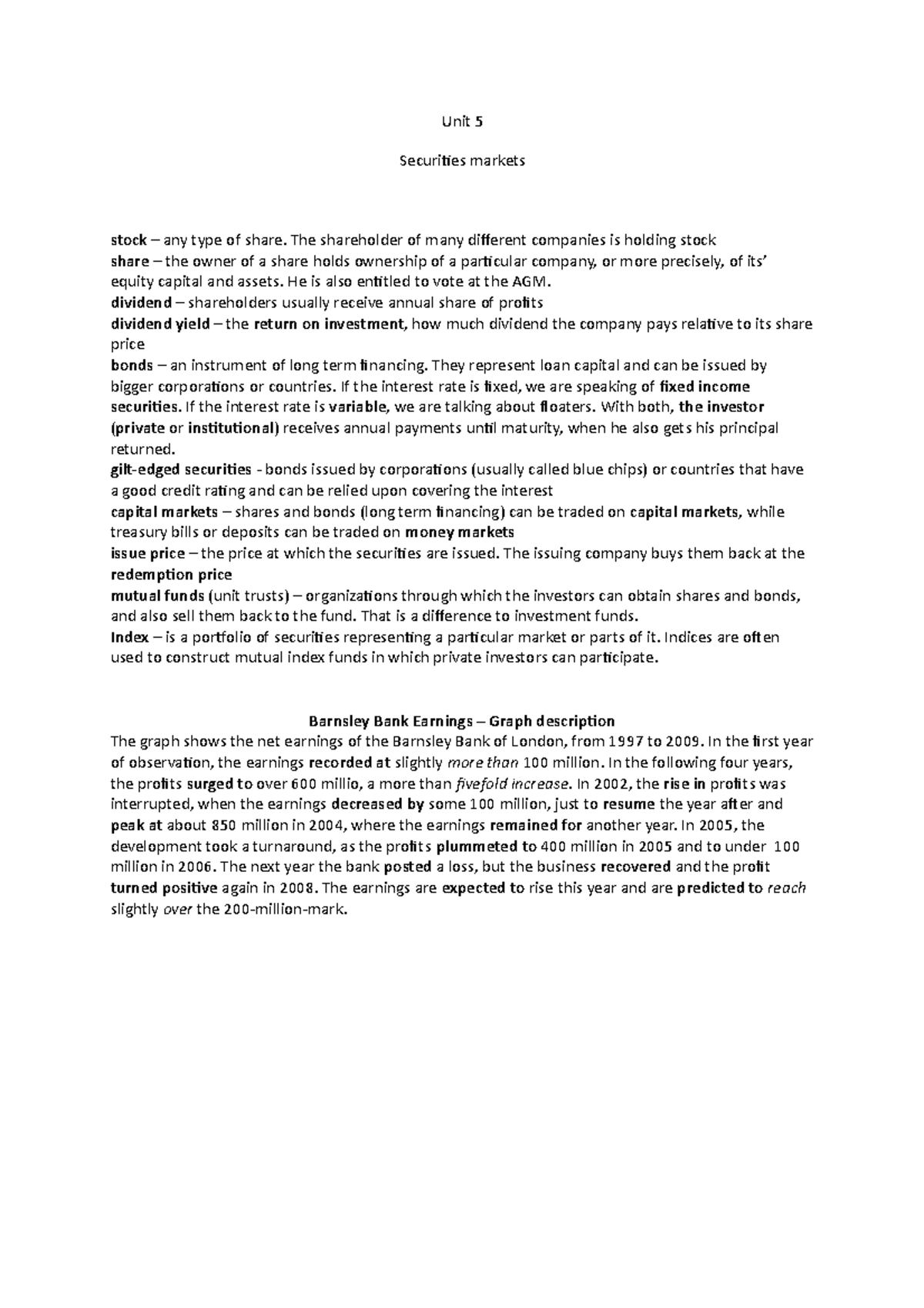 EBC II - Chapter 5 and 6 - Unit 5 Securities markets stock – any type ...