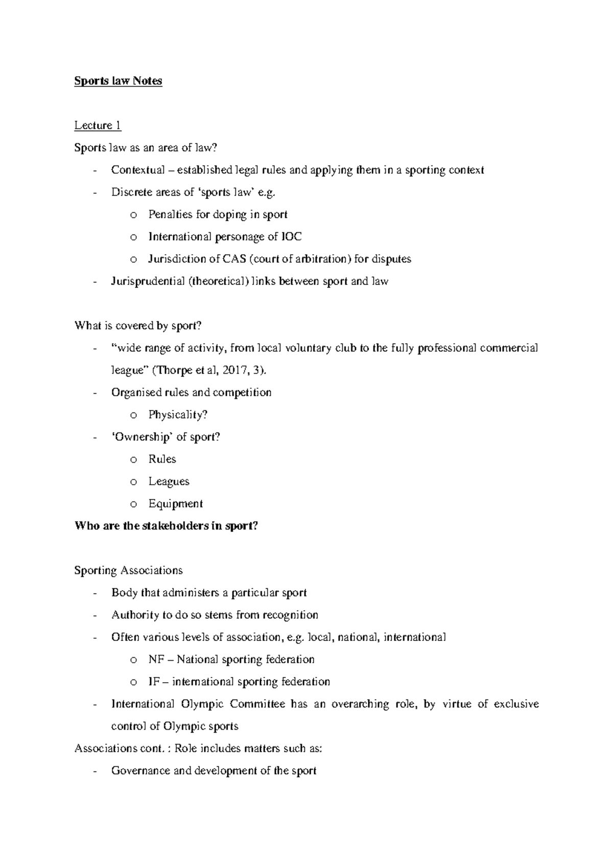 Sports law - Lecture notes 1-5 - Sports law Notes Lecture 1 Sports law ...