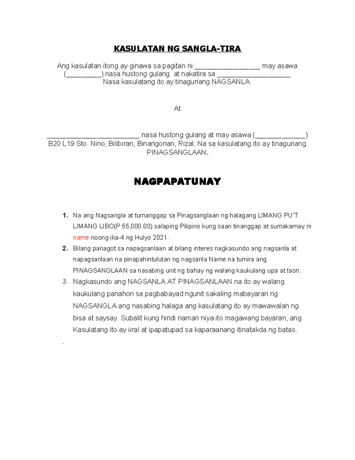 Kasunduan - KASULATAN NG SANGLA-TIRA Ang kasulatan itong ay ginawa sa ...