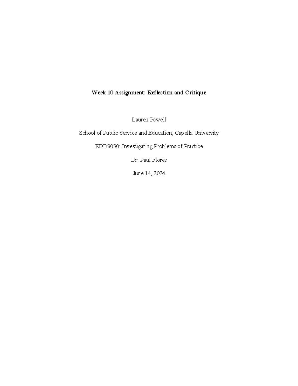 Week 10 assignment week 10 assignment reflection and critique lauren