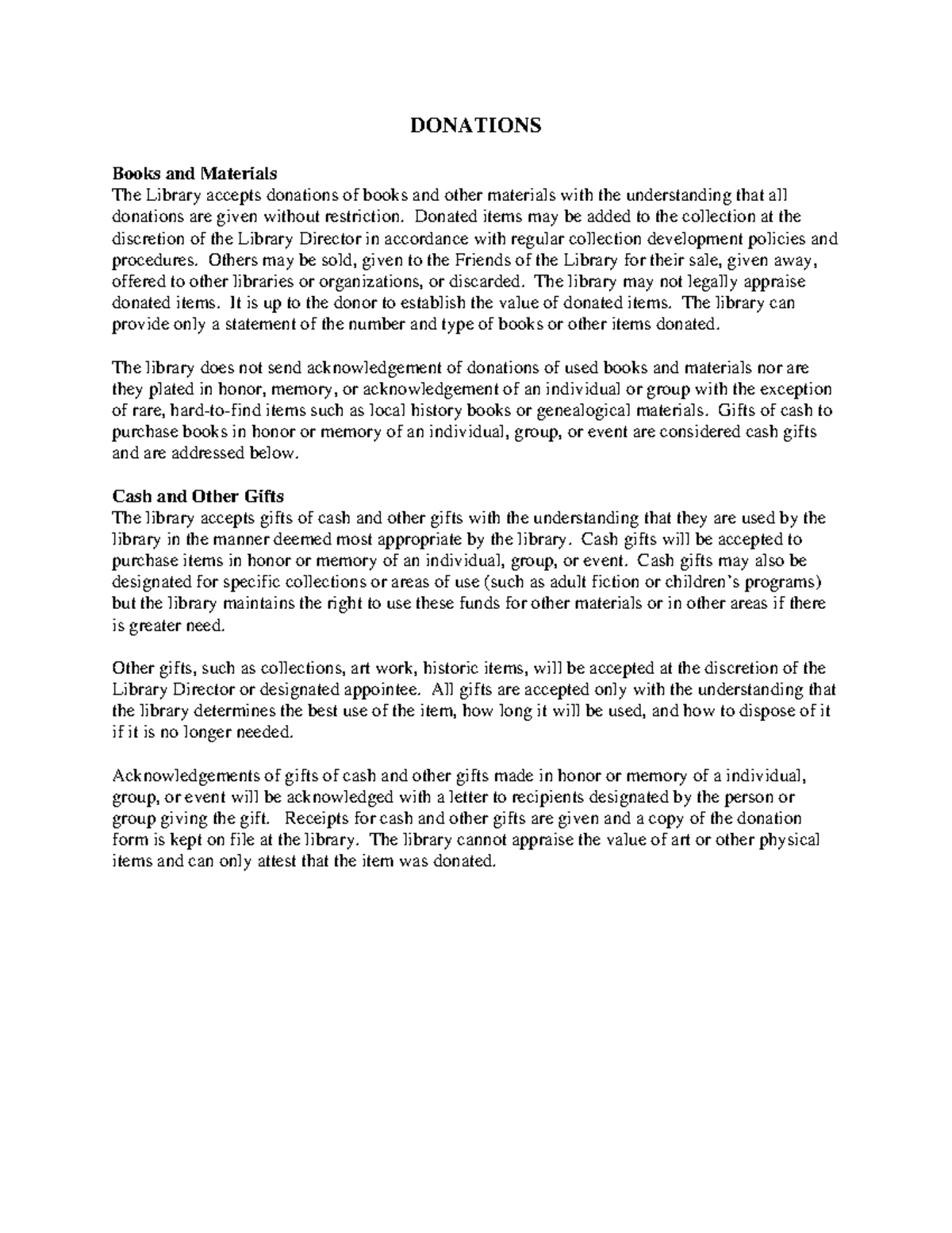 Donationspolicy recent DONATIONS Books and Materials The Library