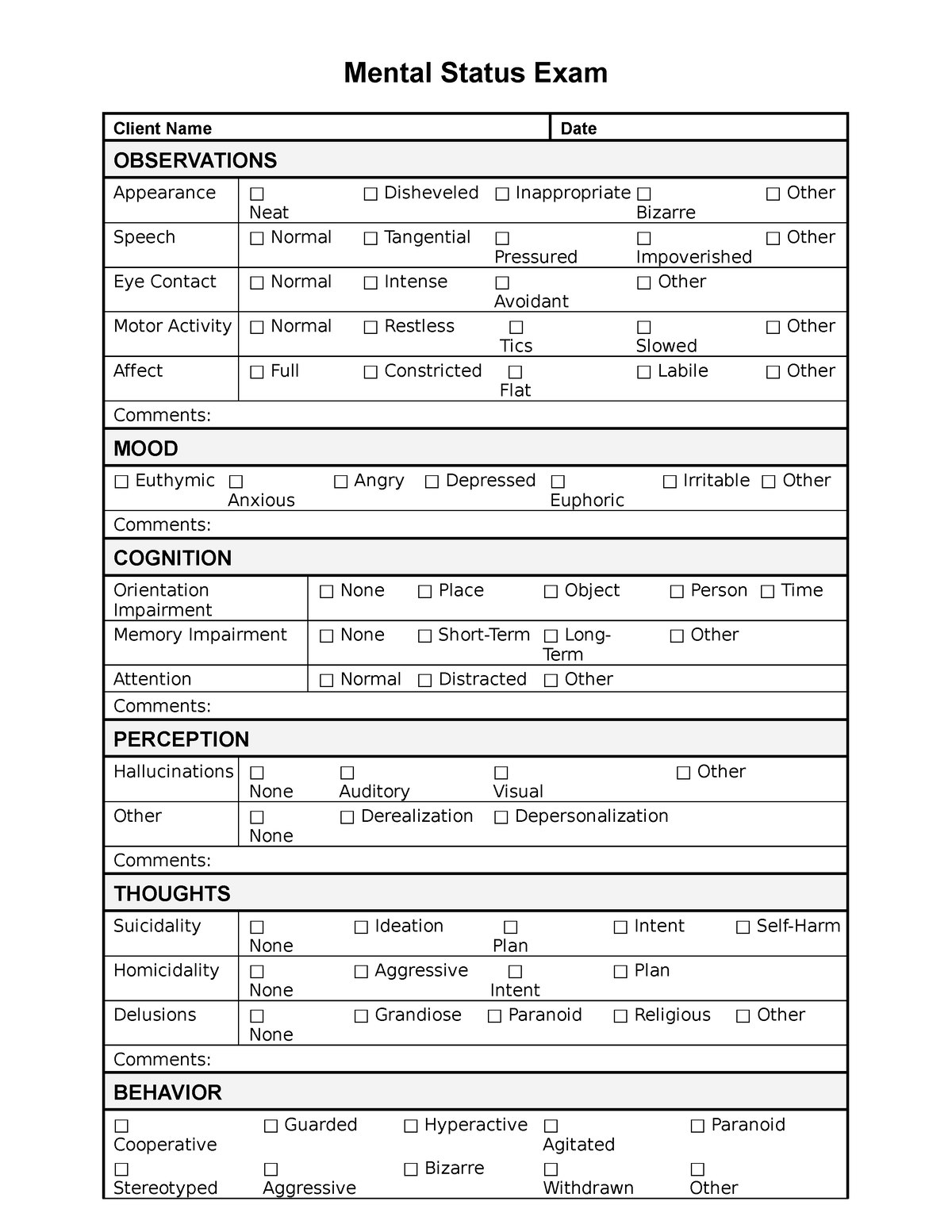 Mental status exam - Mental Status Exam Client Name Date OBSERVATIONS ...