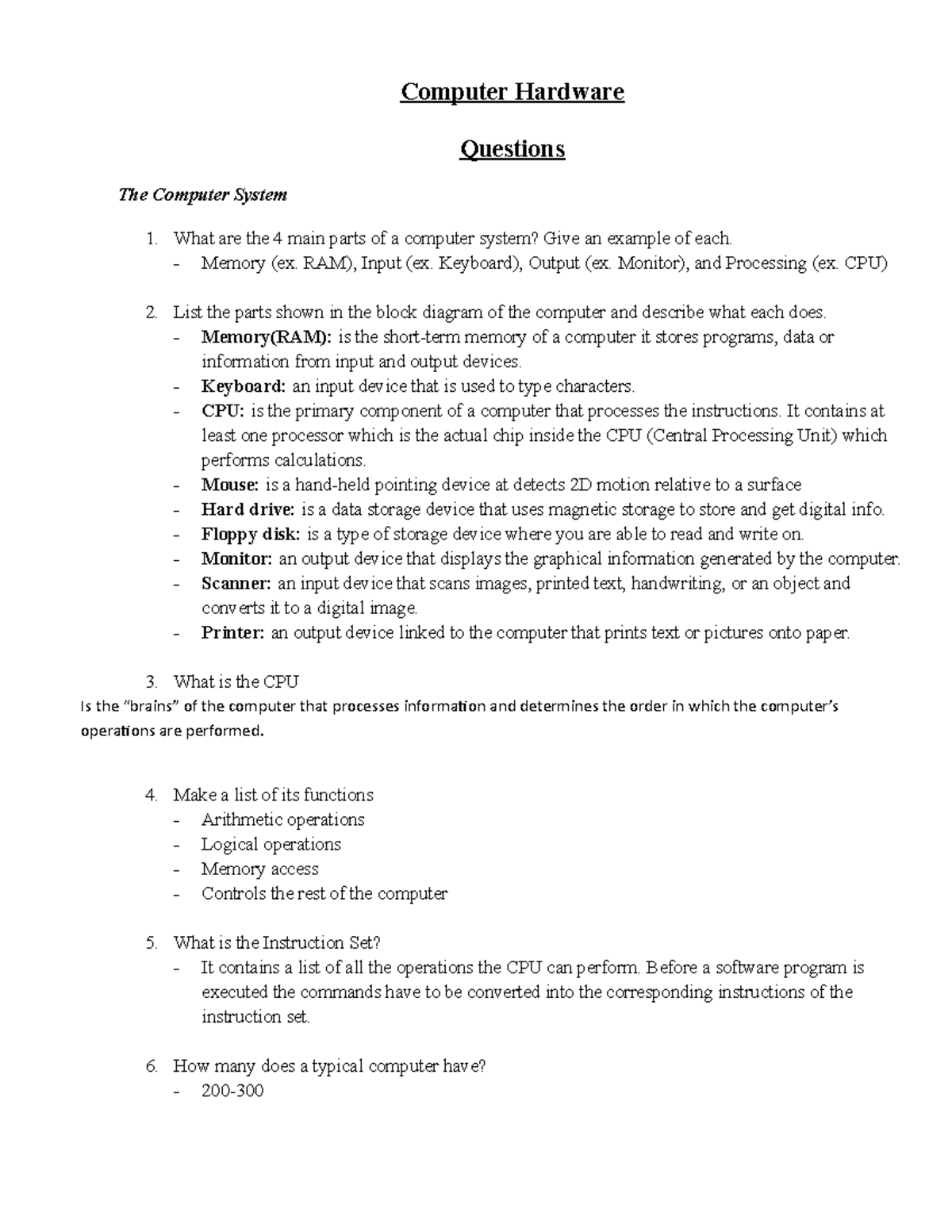 Computer Engineering HW 4 Computer Hardware Questions The Computer 