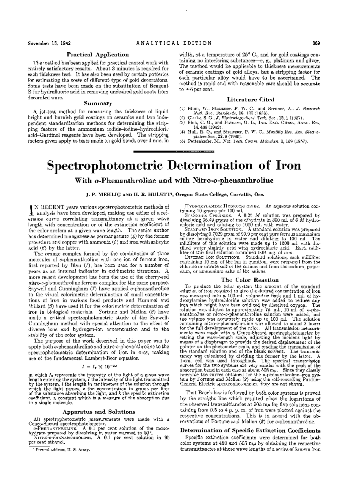 Spectrophotometric Determination of Iron - November 15, 1942 A N A L Y ...