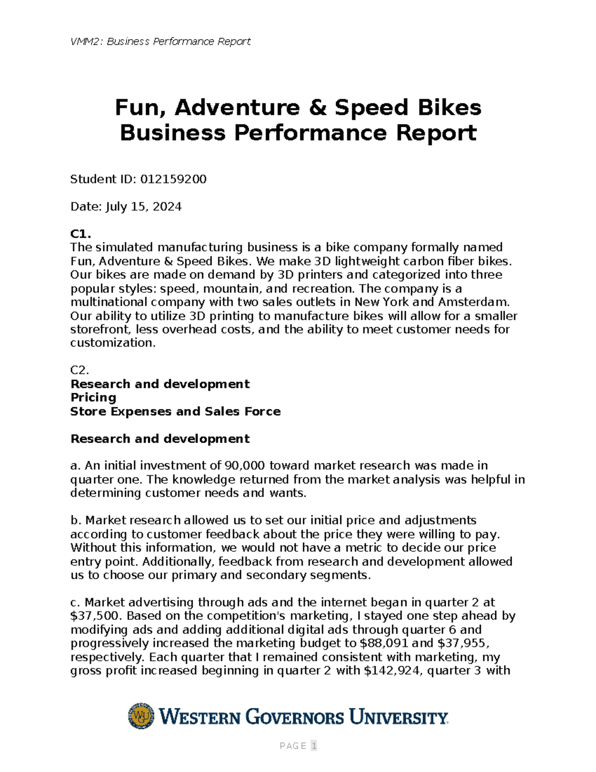 Business Performance Report-D361-Jodie Gibson - VMM2: Business ...