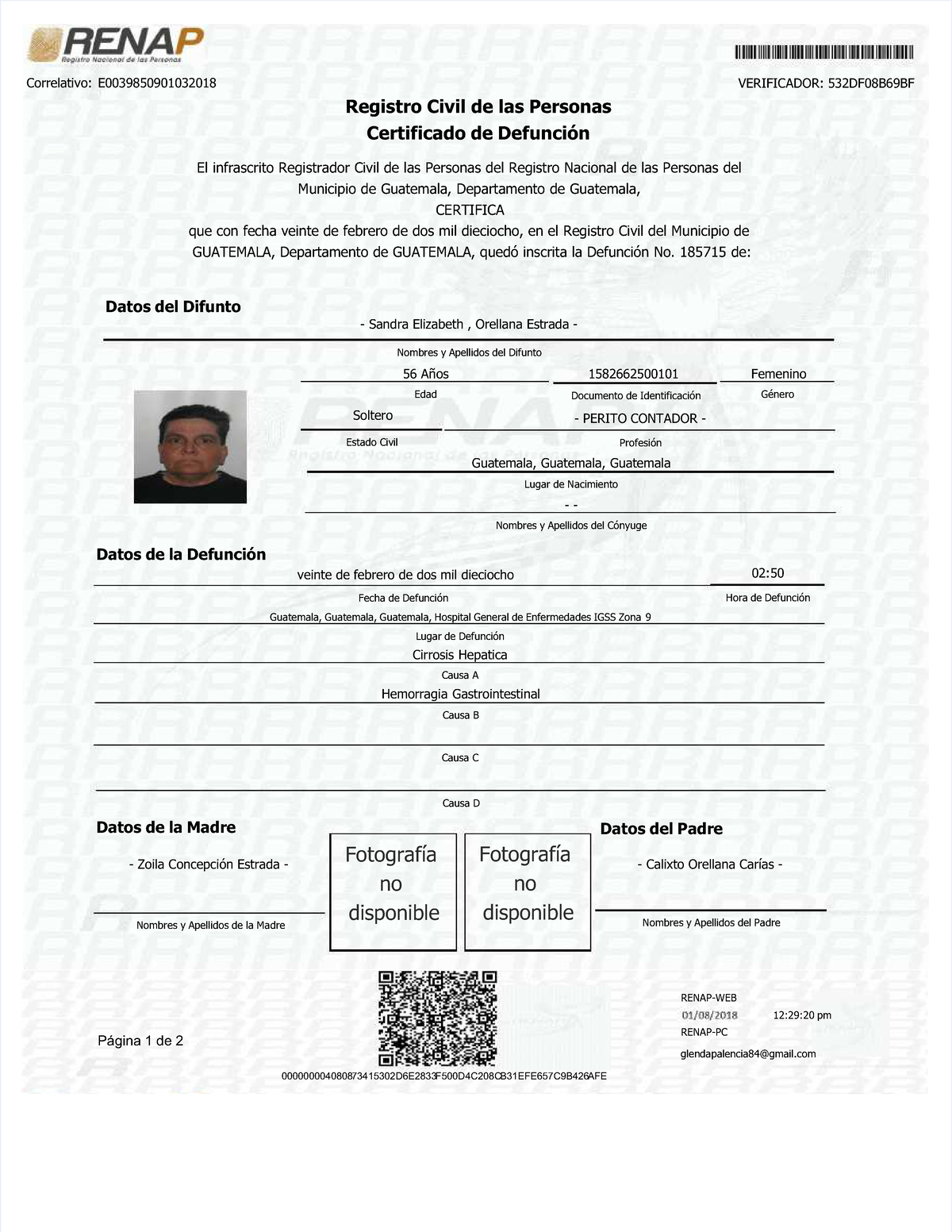 certificado de defunción para un el expediente de un proceso sucesorio