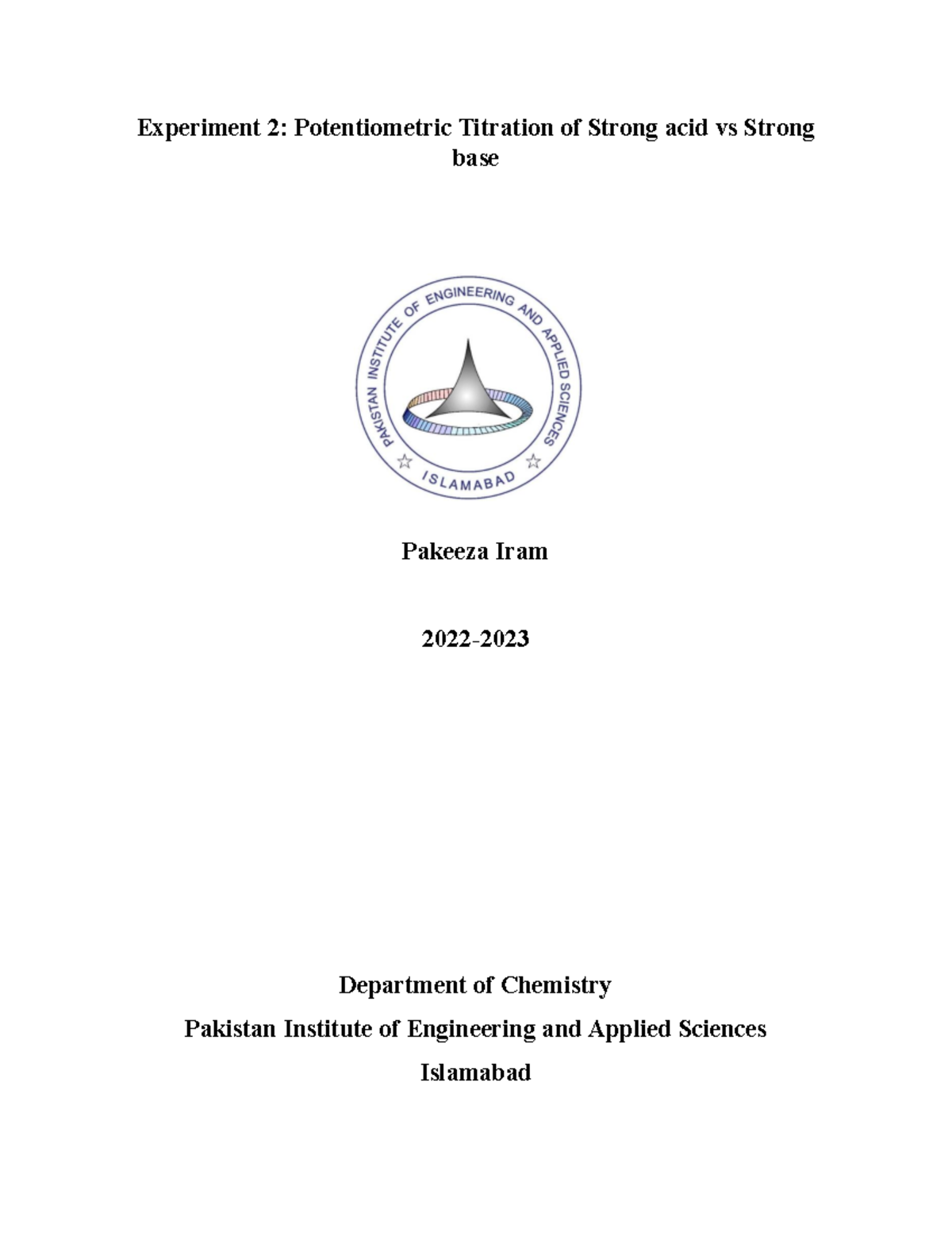 Lab Report; Exp 2 Experiment 2 Potentiometric Titration of Strong