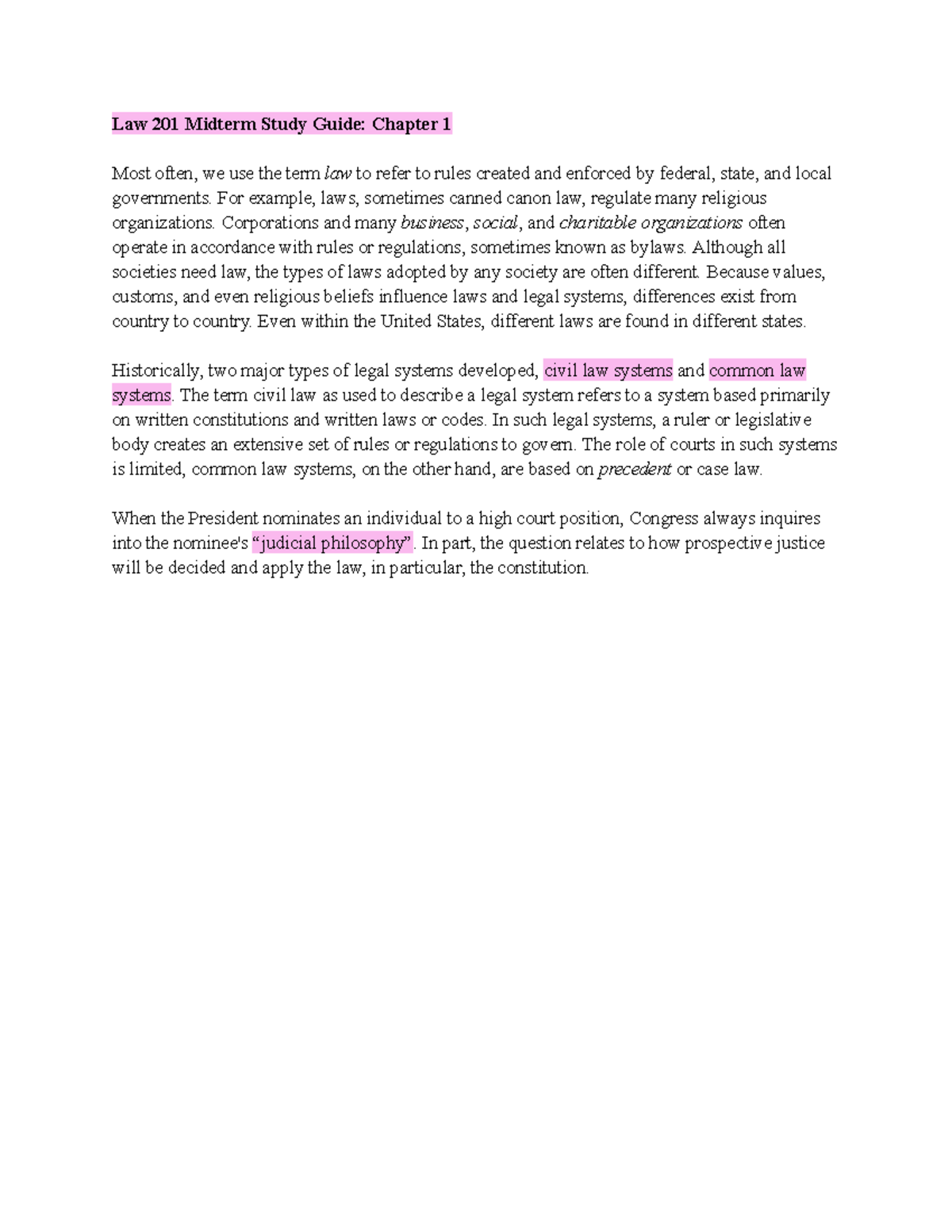 Law 201 chapter 1 - Law 201 Midterm Study Guide: Chapter 1 Most often ...