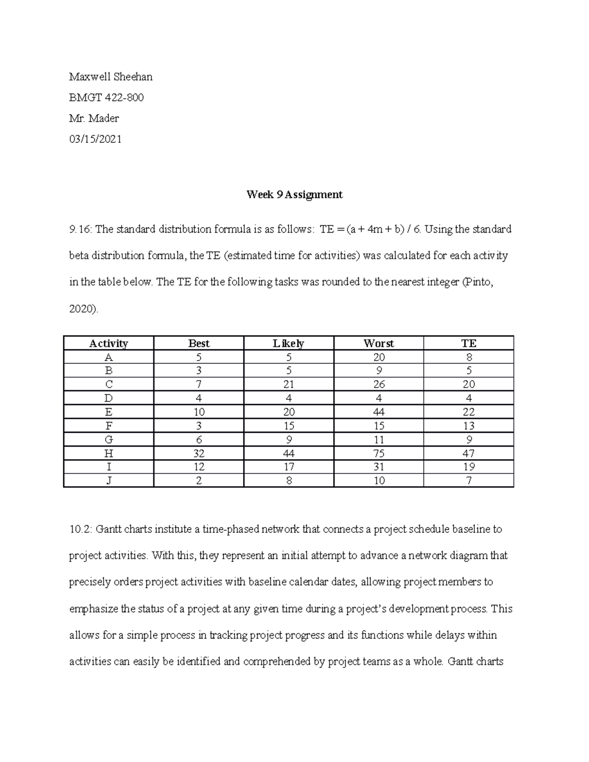 Week 9 Assignment - Grade: A+ - Maxwell Sheehan BMGT 422- Mr. Mader 03 ...