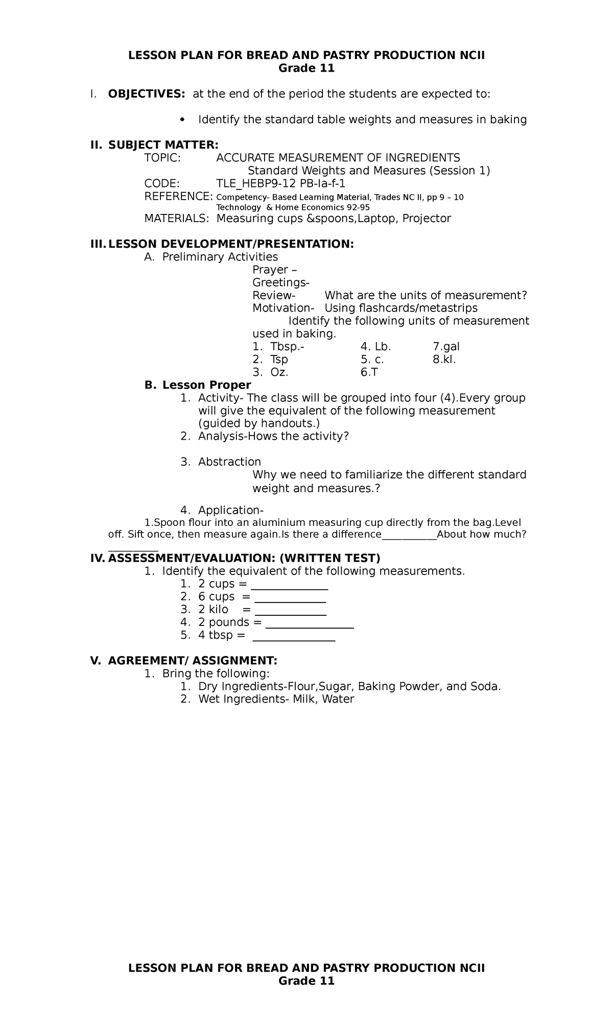 Quarter 1.LO 1 - LESSON PLAN FOR BREAD AND PASTRY PRODUCTION NCII Grade ...
