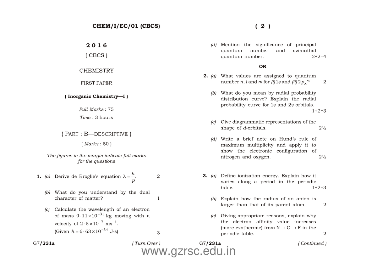 Chemistry I Cbcs - Not Much - Chem I Ec 01 (cbcs) 2 0 1 6 ( Cbcs 