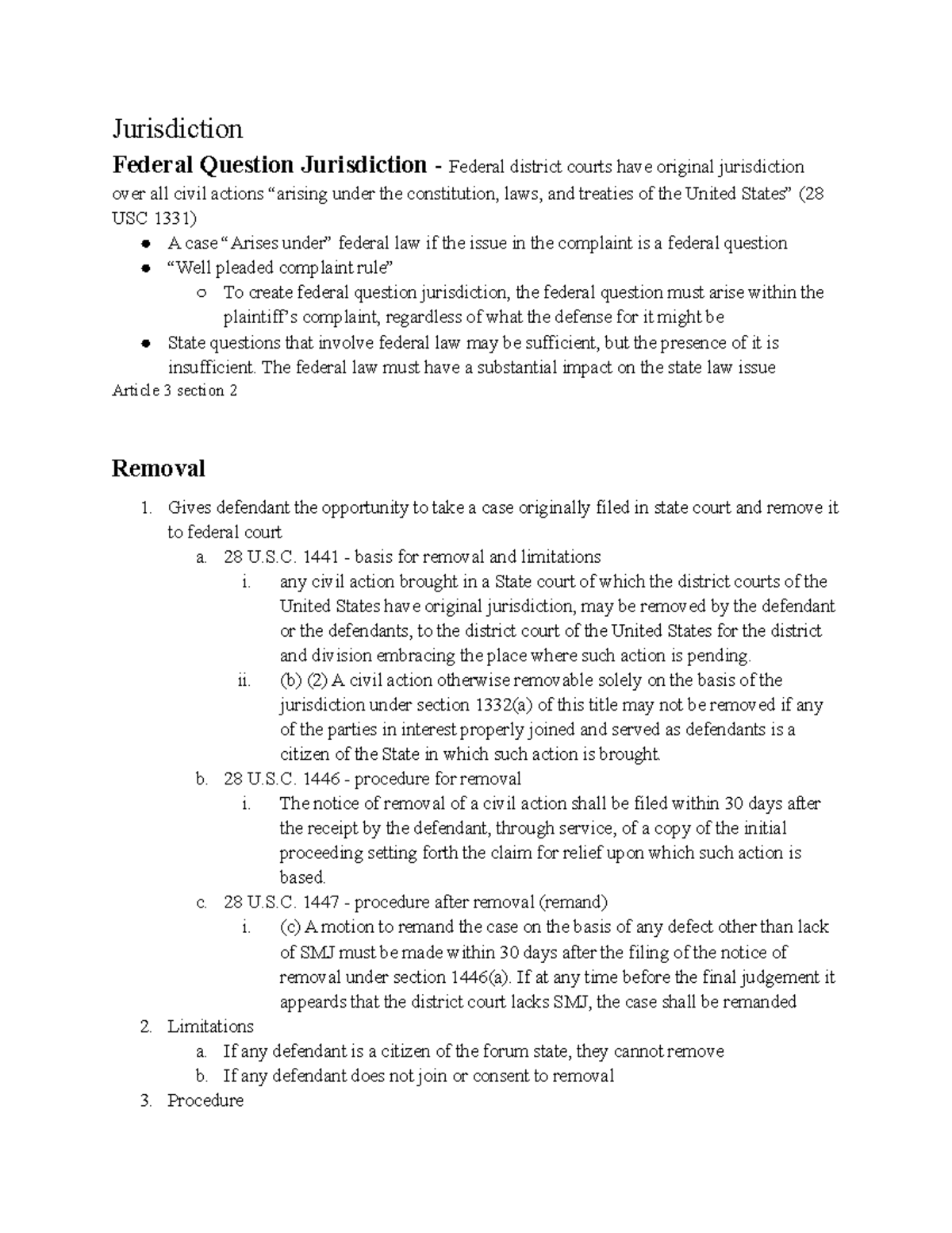 Civil Procedure Outline - Jurisdiction Federal Question Jurisdiction ...