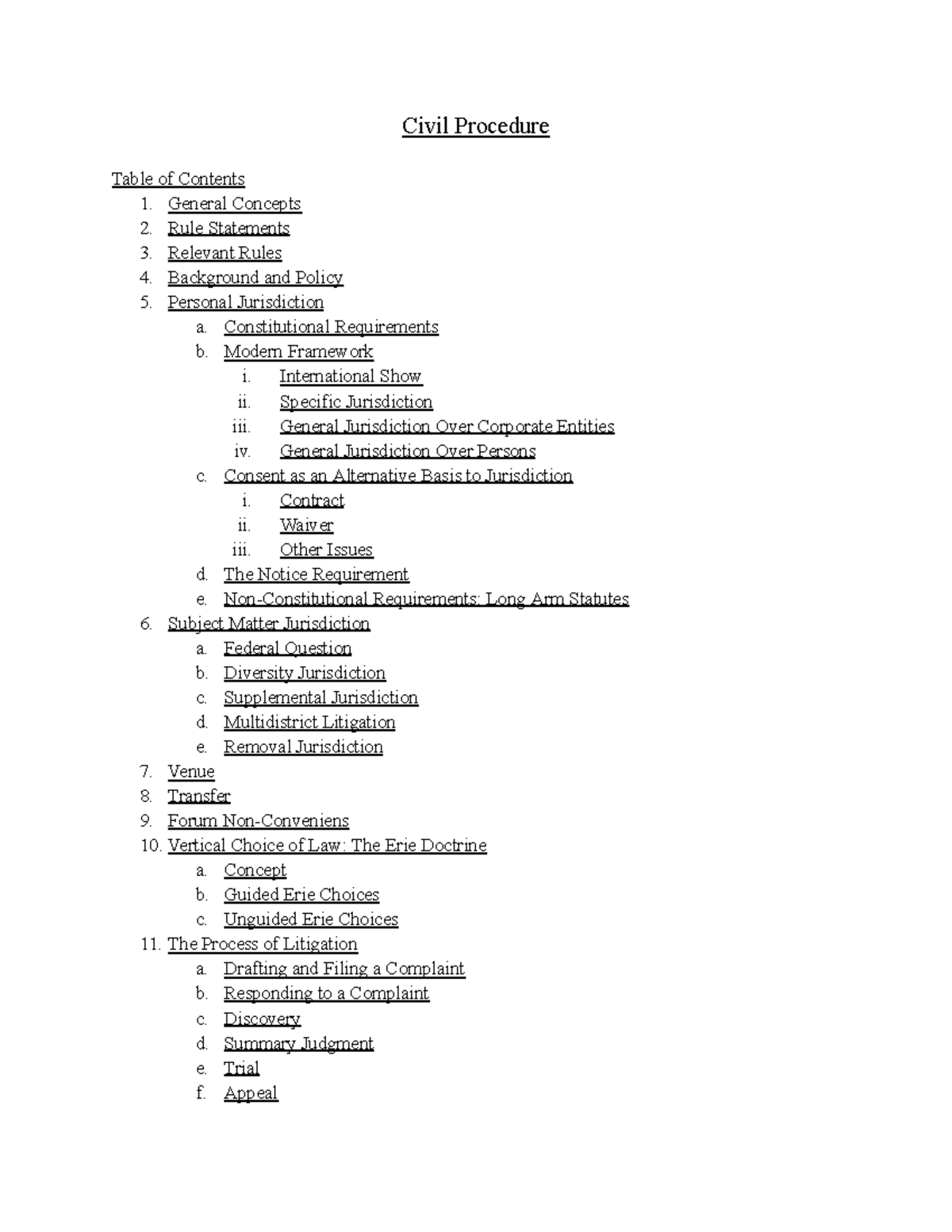 Final Civil Procedure Outline - Civil Procedure Table of Contents 1 ...