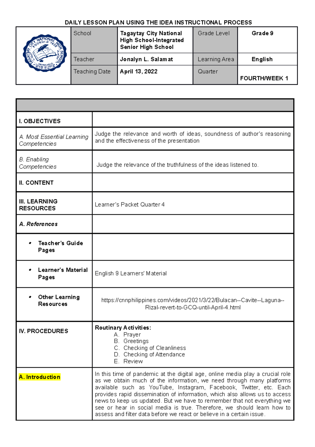 DLP F2F Q4W1 - face to face Lesson Plan - DAILY LESSON PLAN USING THE ...