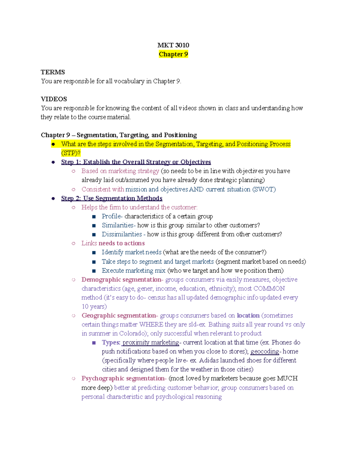 MKT Exam 2 Review Sheets - MKT 3010 Chapter 9 TERMS You Are Responsible ...