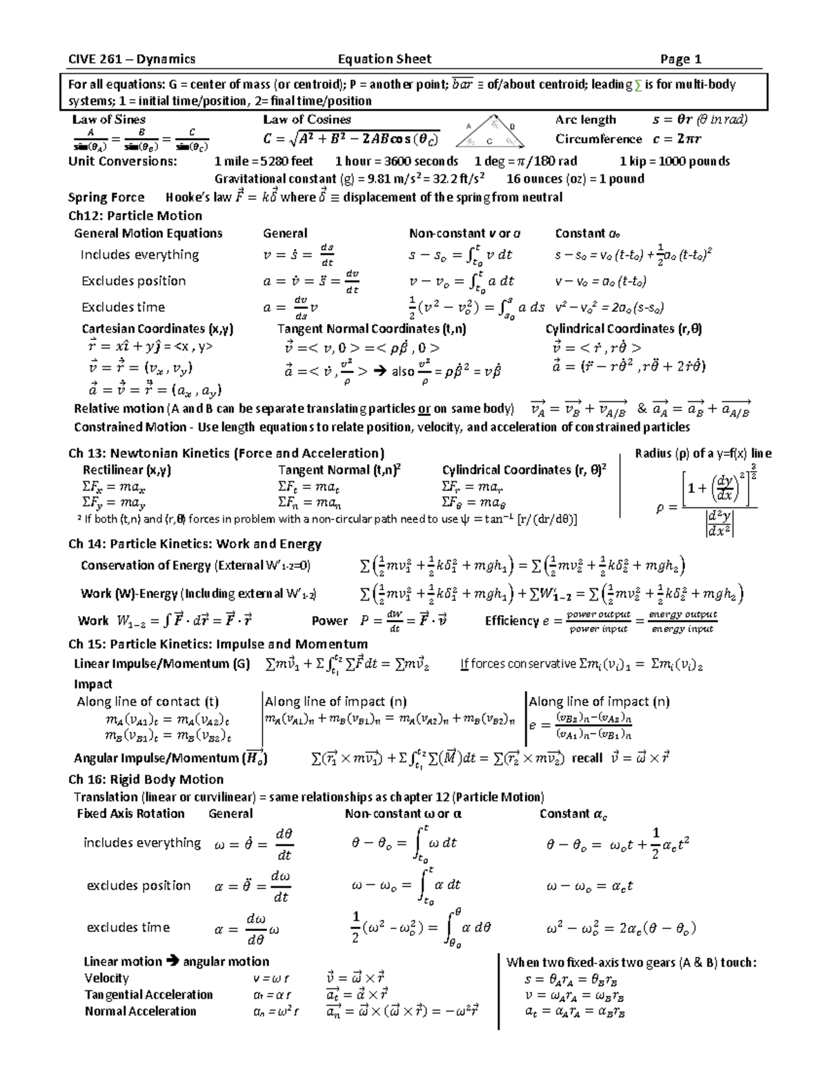 Dynamics FULL Equation Sheet - CIVE 261 – Dynamics Equation Sheet Page ...