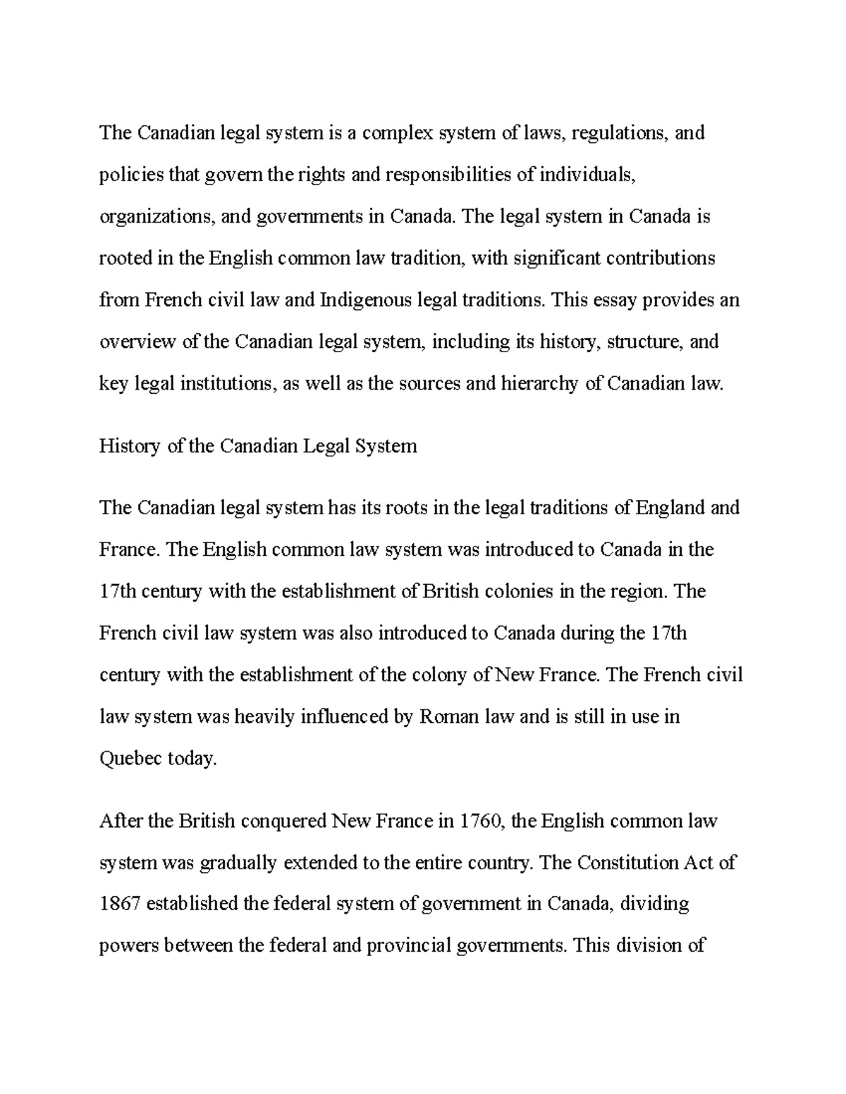 Notes Summary on the introduction to the Canadian legal system The