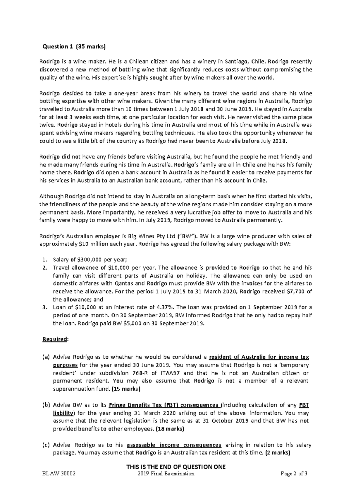 2019 Taxation Law I Final Exam Question 2 - BLAW 30002 2019 Final ...