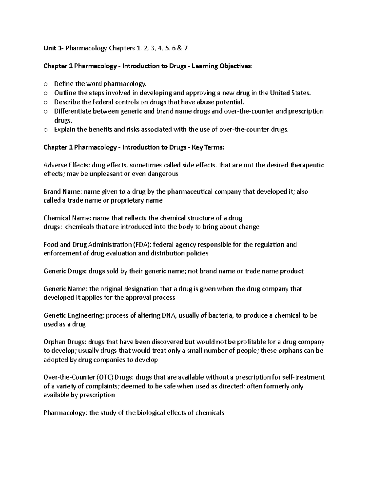 Unit 1 Notes pharmacology - Unit 1- Pharmacology Chapters 1, 2, 3, 4, 5 ...