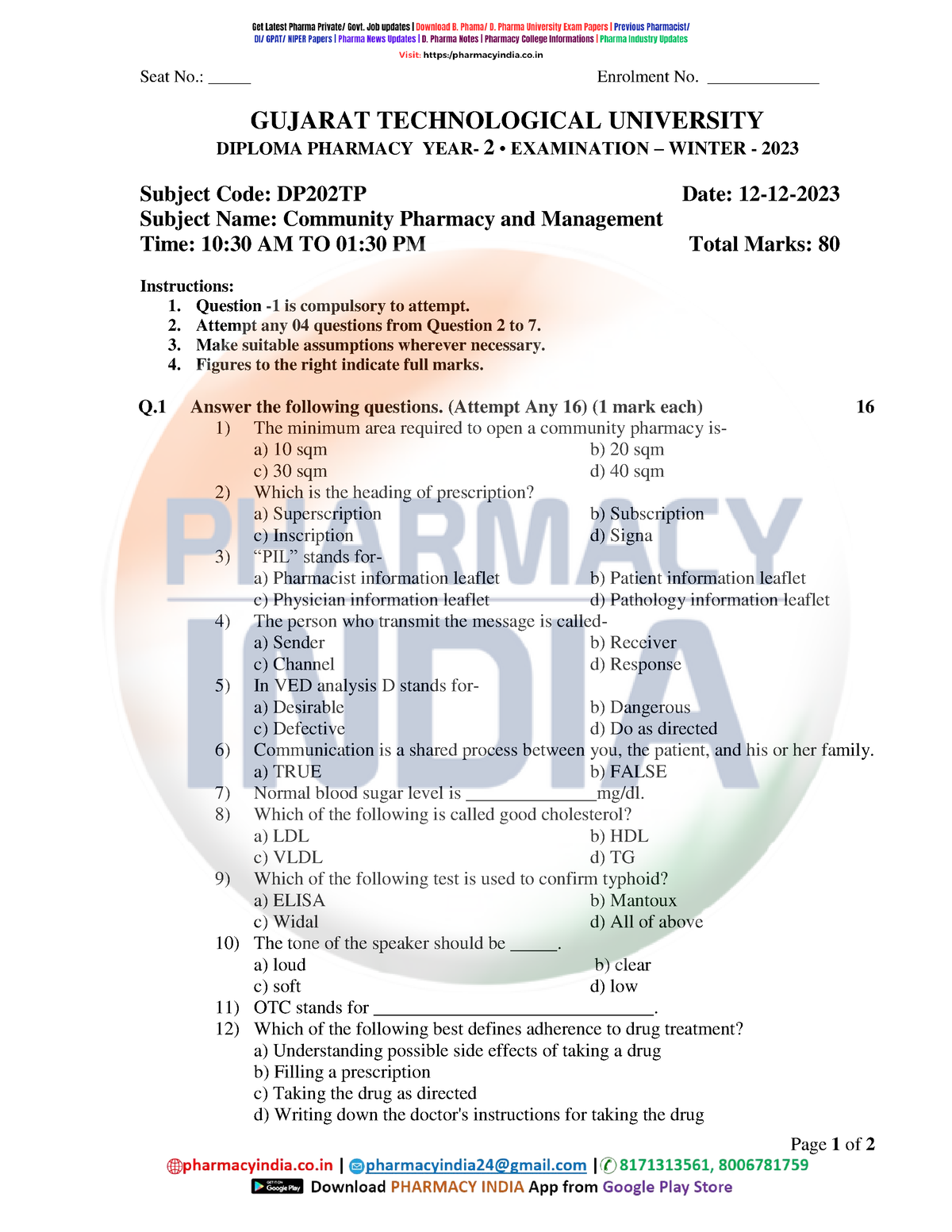 CPM GTU Winter 2023 New - D. PHarma Question Paper - Page 1 Of 2 Seat ...