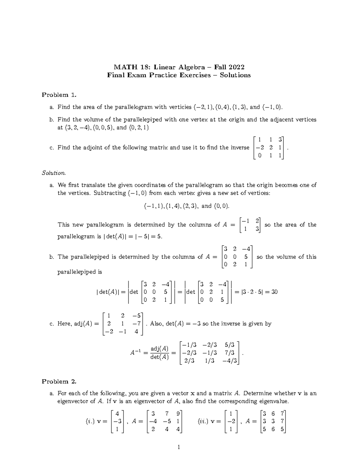 Practice 3(Bach) Solutions - MATH 18: Linear Algebra – Fall 2022 Final ...