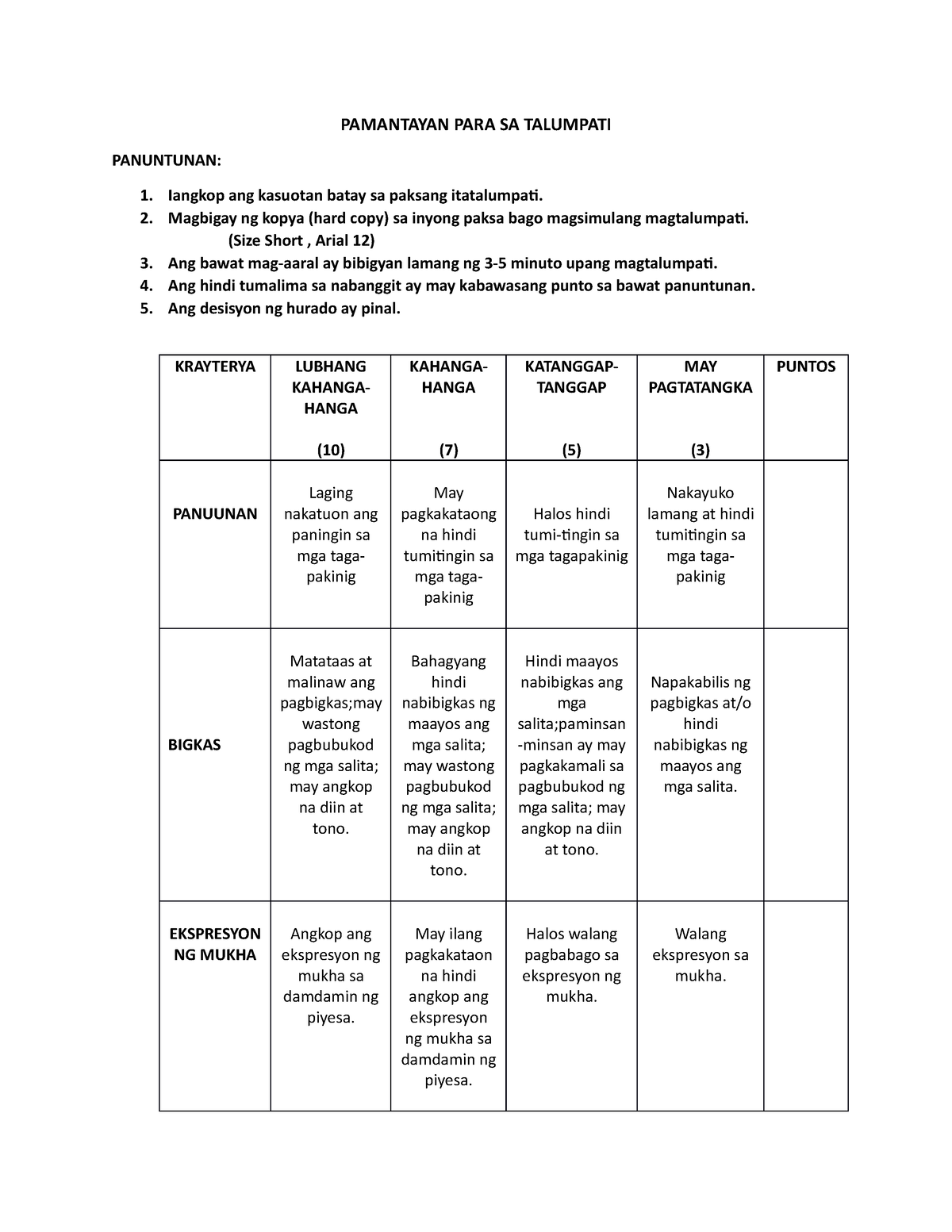 Rubric It Is Lecture Note Pamantayan Para Sa Talumpati Panuntunan Iangkop Ang Kasuotan 1228