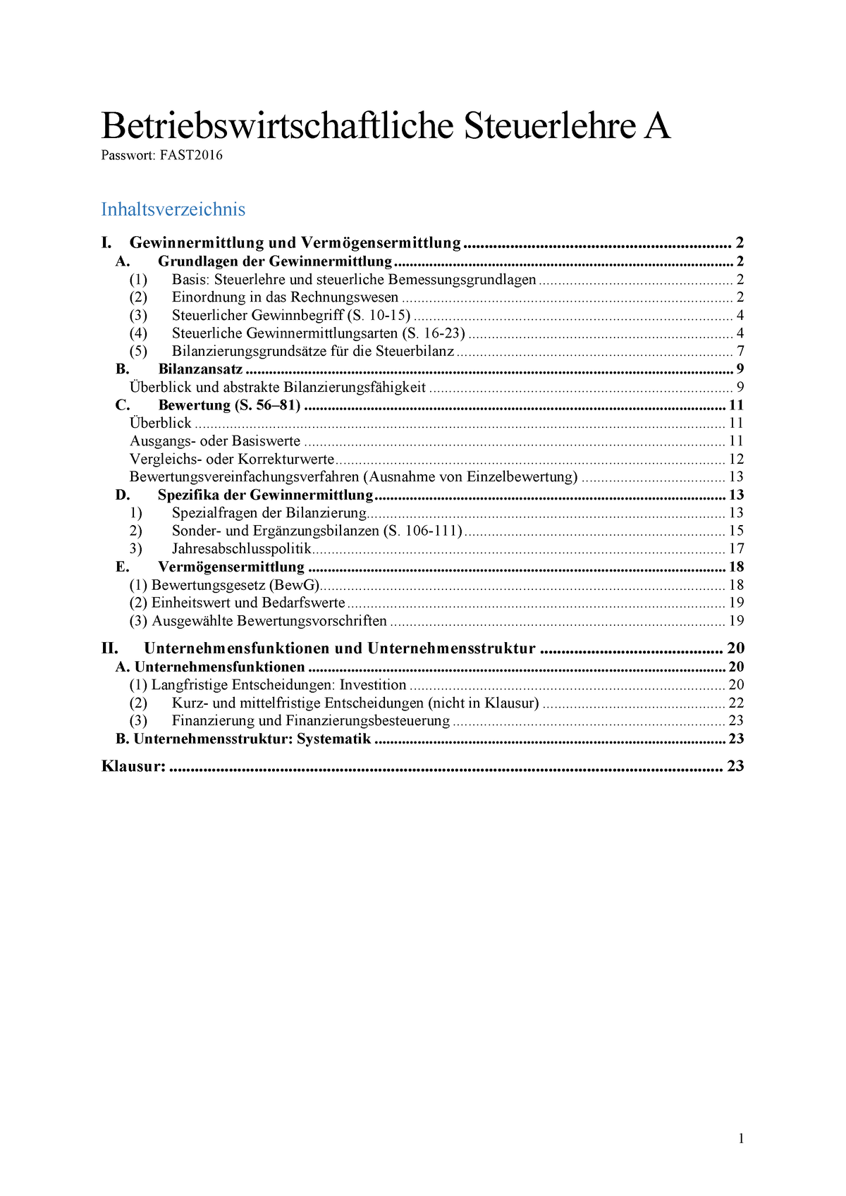 1 Mitschrift - Vorlesung - Betriebswirtschaftliche Steuerlehre A ...