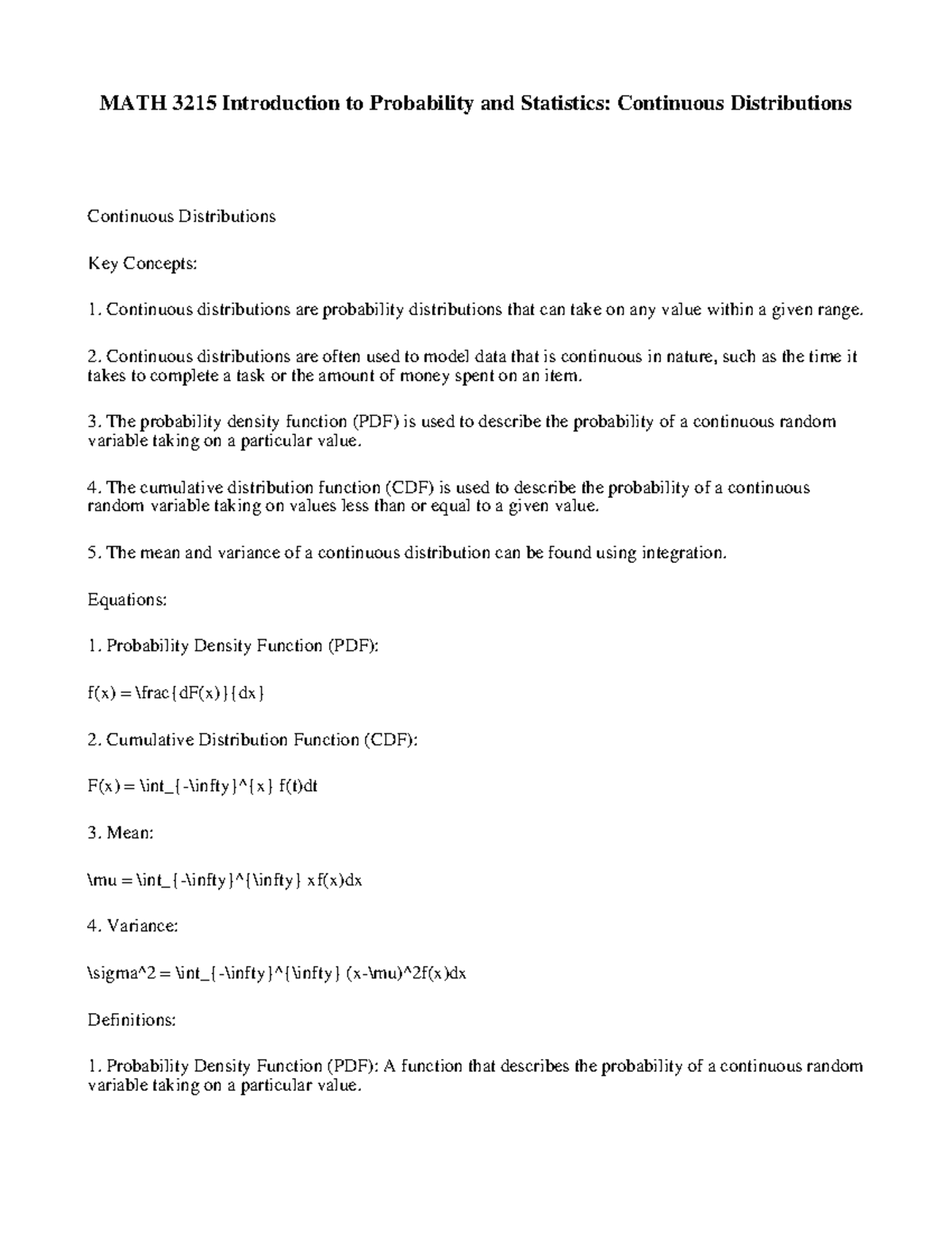 MATH 3215 Introduction to Probability and Statistics - Continuous ...