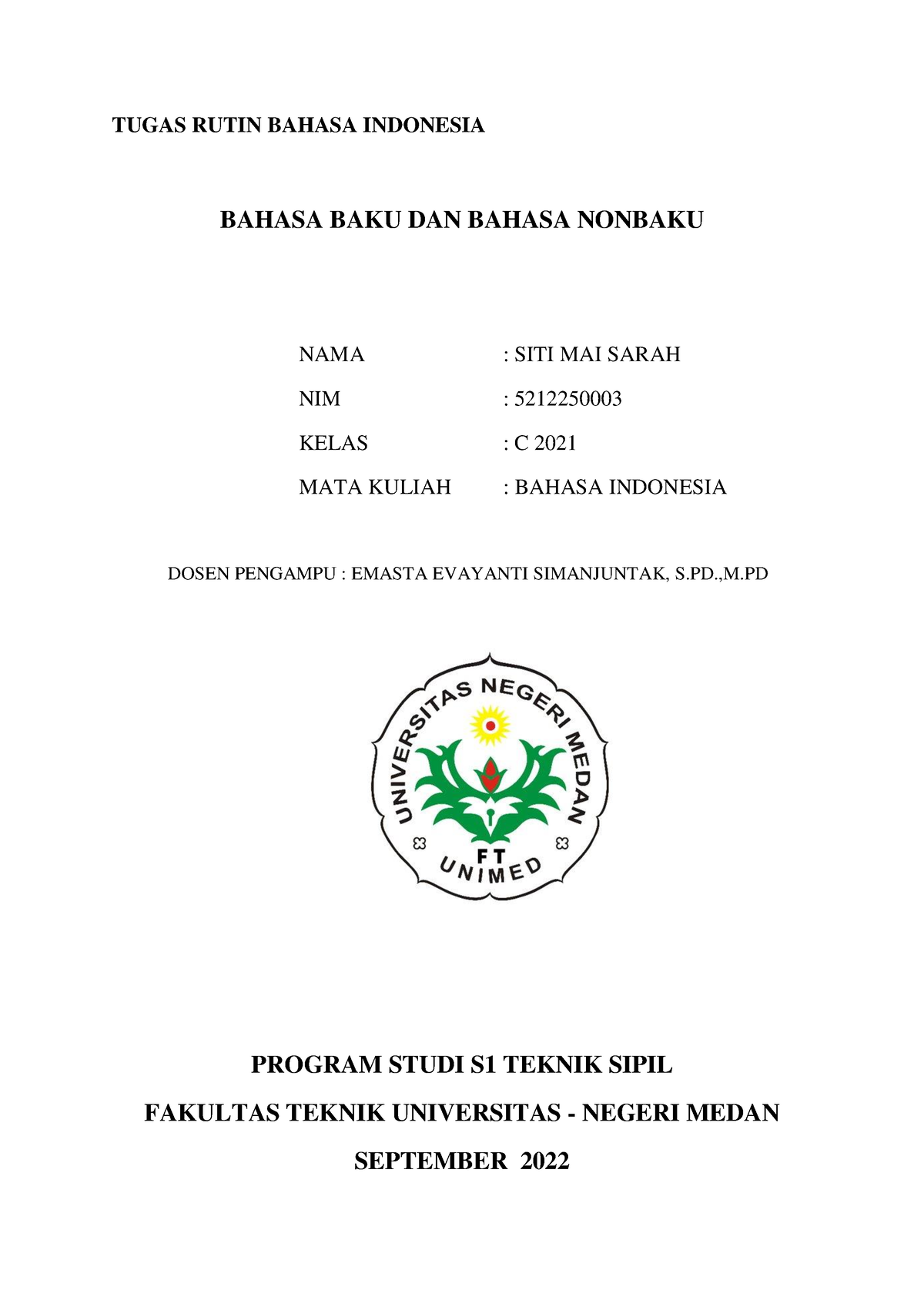 SITI%20MAI%20 Sarah TR1 B - TUGAS RUTIN BAHASA INDONESIA BAHASA BAKU ...