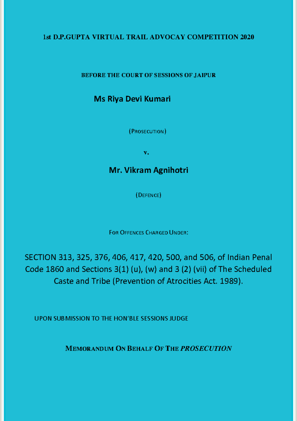 Testimony Prosecution TA20 Converted 1st D P VIRTUAL TRAIL ADVOCAY COMPETITION 2020 BEFORE THE