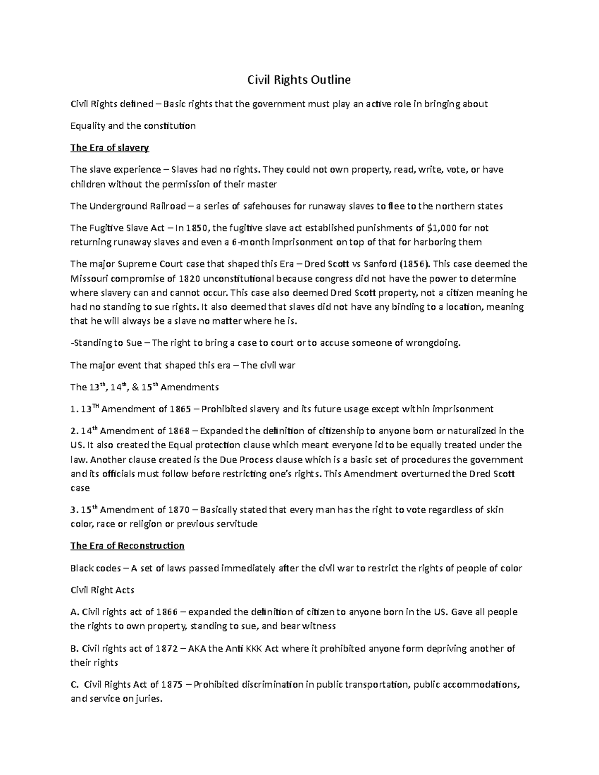 Civil Rights Outline - Civil Rights Outline Civil Rights defined ...