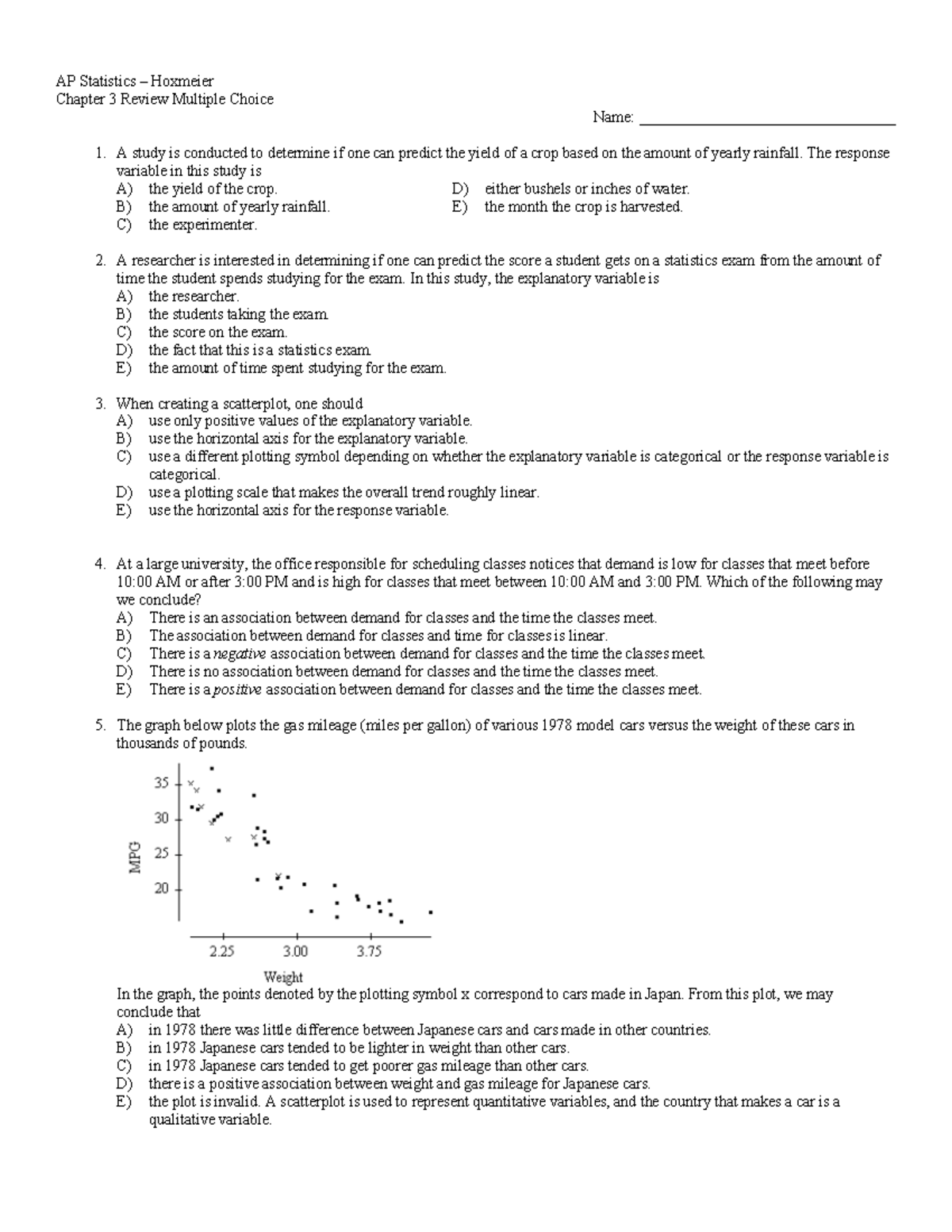 Chapter 3 Review - AP Statistics – Hoxmeier Chapter 3 Review Multiple ...