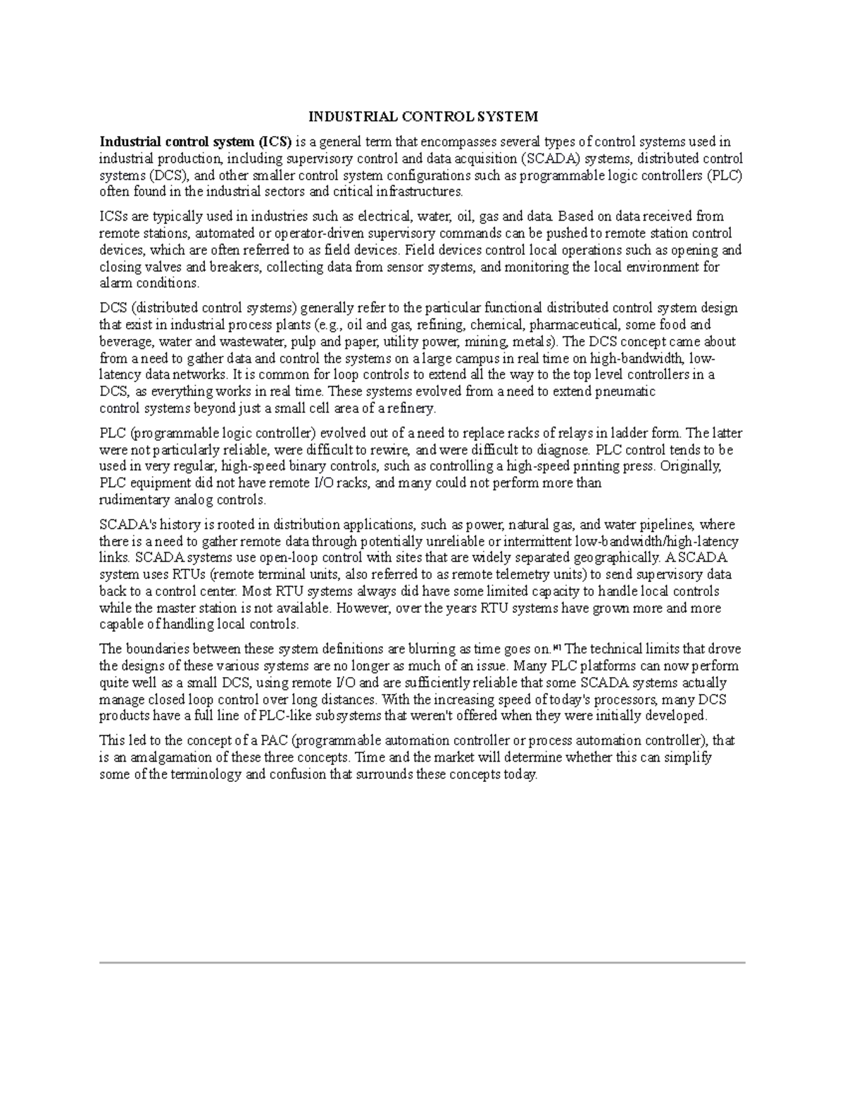 Industrial Control System INDUSTRIAL CONTROL SYSTEM Industrial