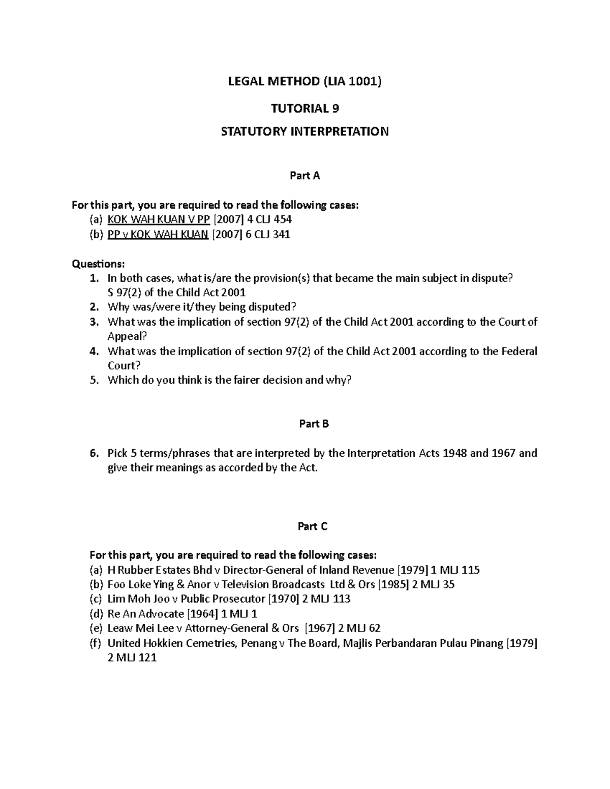 Tutorial 9 Statutory Interpretation Legal Method Lia 1001 Tutorial Tutorial 9 Statutory Interpretation Legal Method Lia 1001 Tutorial