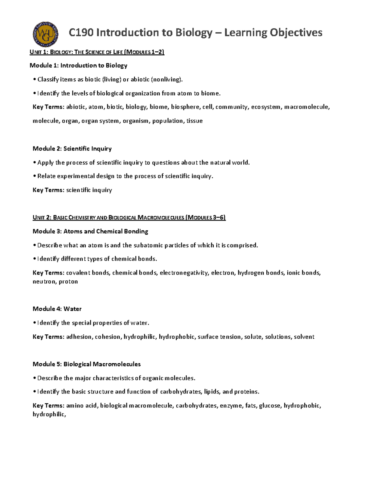 C190. Learning Objectives & Keywords - UNIT 1: BIOLOGY: THE SCIENCE OF ...