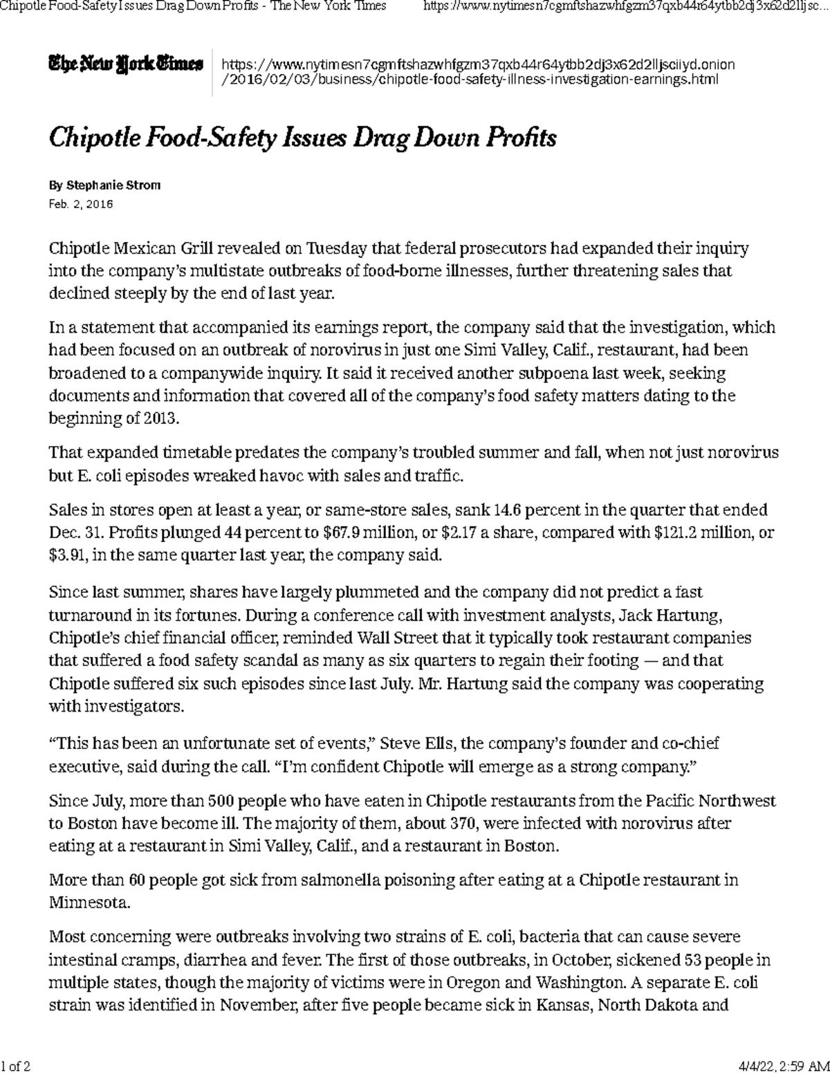 Chipotle FoodSafety Issues Drag Down Profits The New York Times By