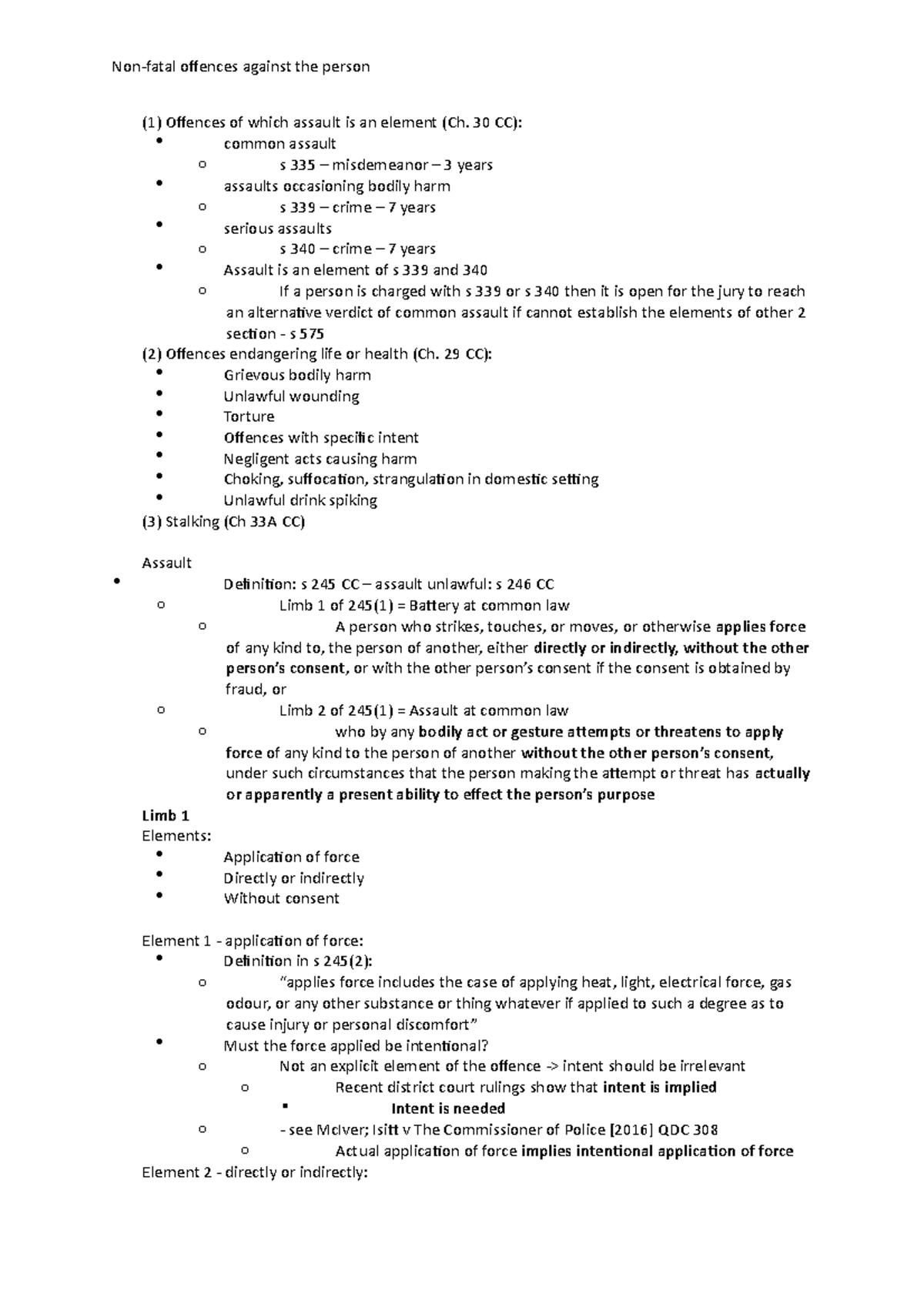 Week 4 lecture notes - week 4 - (1) Offences of which assault is an ...