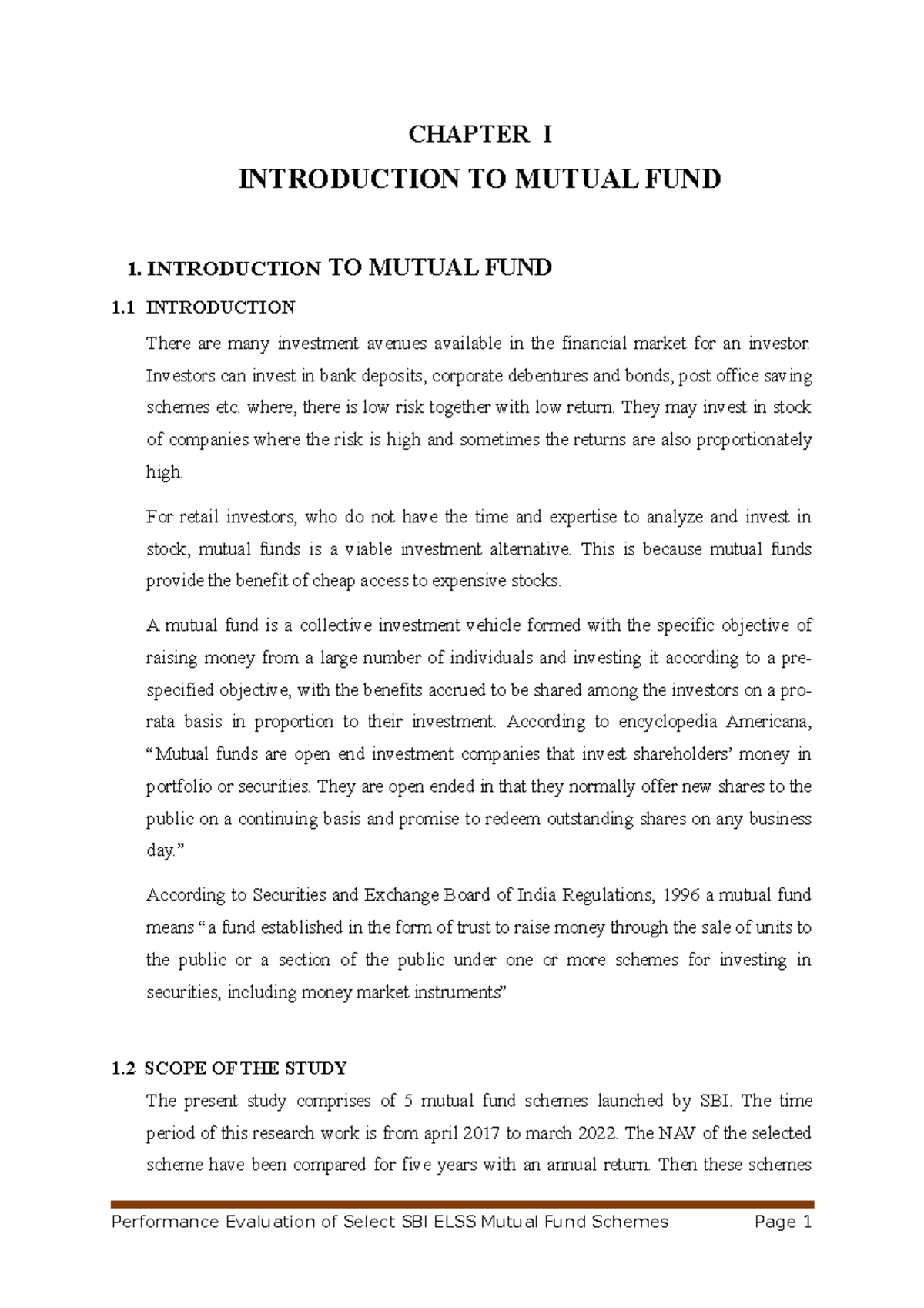 Chapter - 1 - Project - CHAPTER I INTRODUCTION TO MUTUAL FUND 1 ...