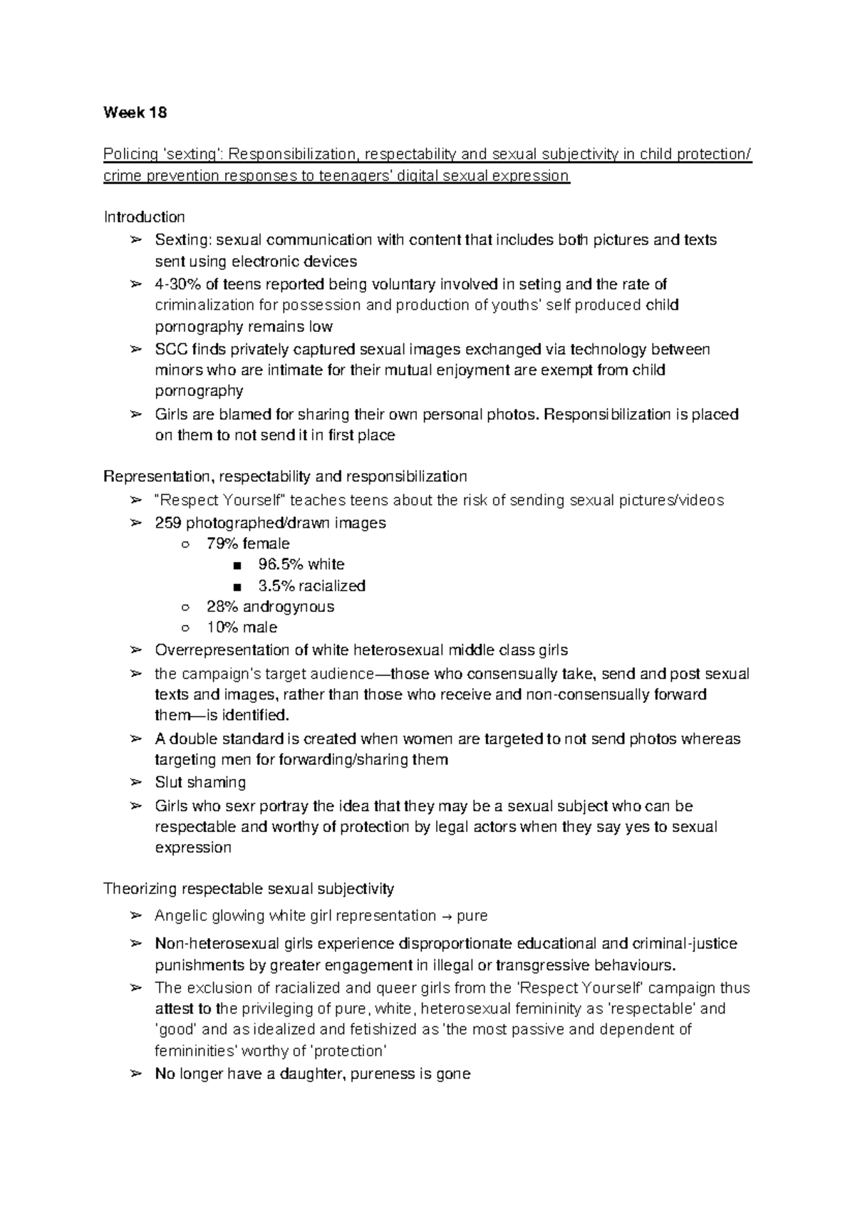 Week 18 - week 18 lecture notes - Week 18 Policing ‘sexting ...