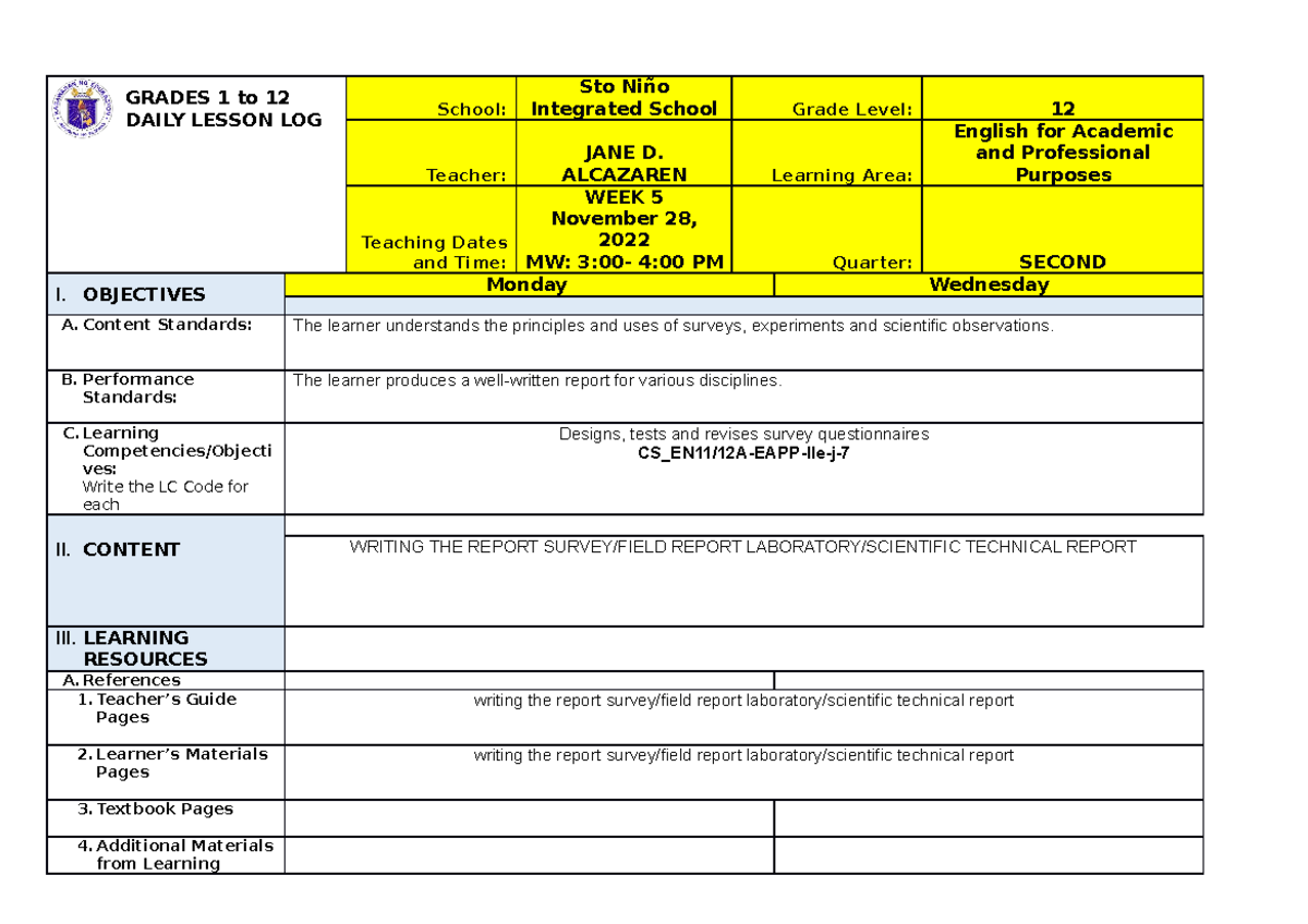 Efapw4 weekly notes GRADES 1 to 12 DAILY LESSON LOG School Sto Niño Integrated School