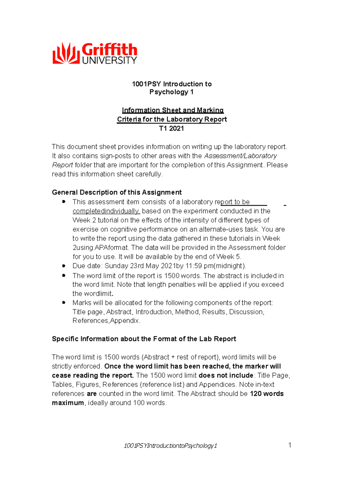 Information Sheet for Lab Report 1001PSY T1 2021 Final ...