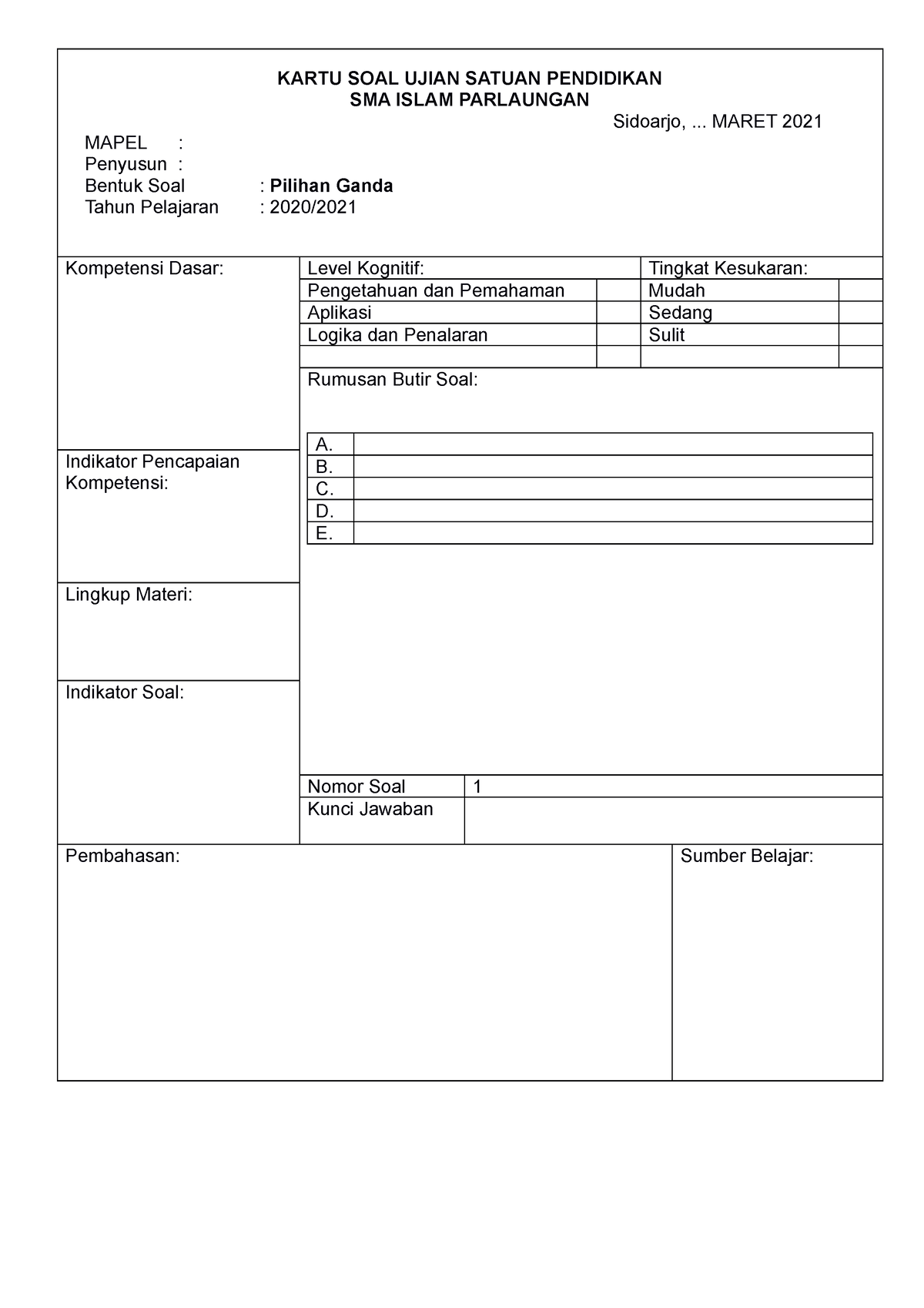 Kartu SOAL USP 2021 - SMA ISLAM PARLAUNGAN Sidoarjo, ... MARET 2021 ...
