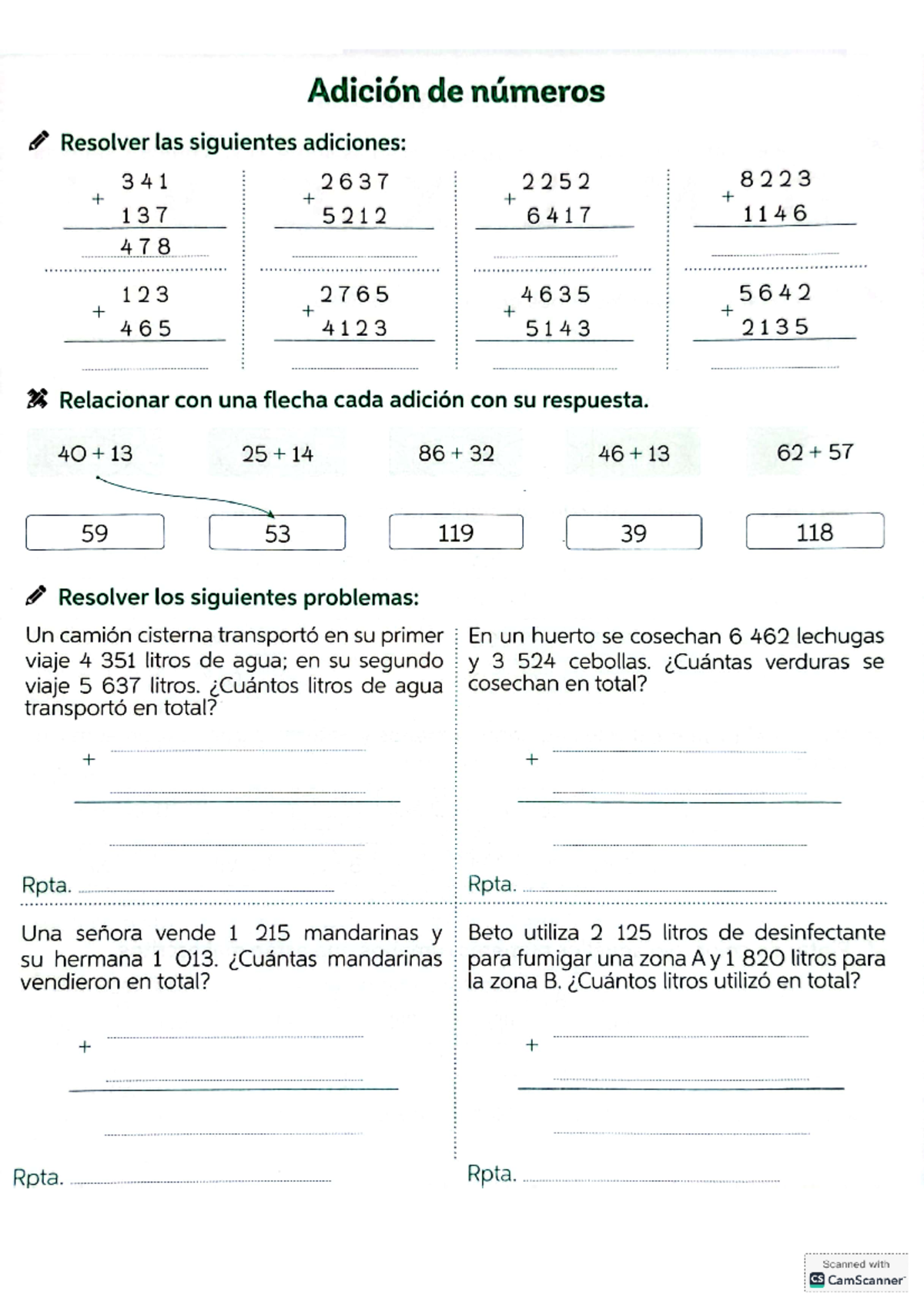 Práctica de matemáticas - Adición de números Resolver las siguientes ...
