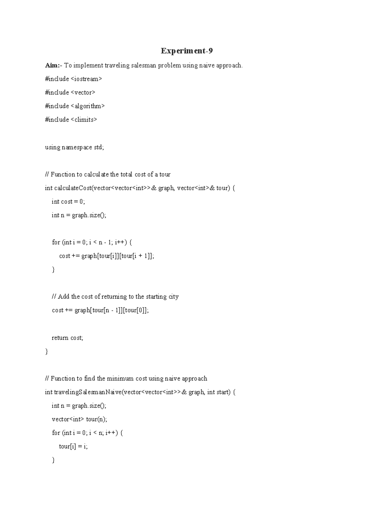 Experiment-9 - Experiment- Aim:- To implement traveling salesman ...